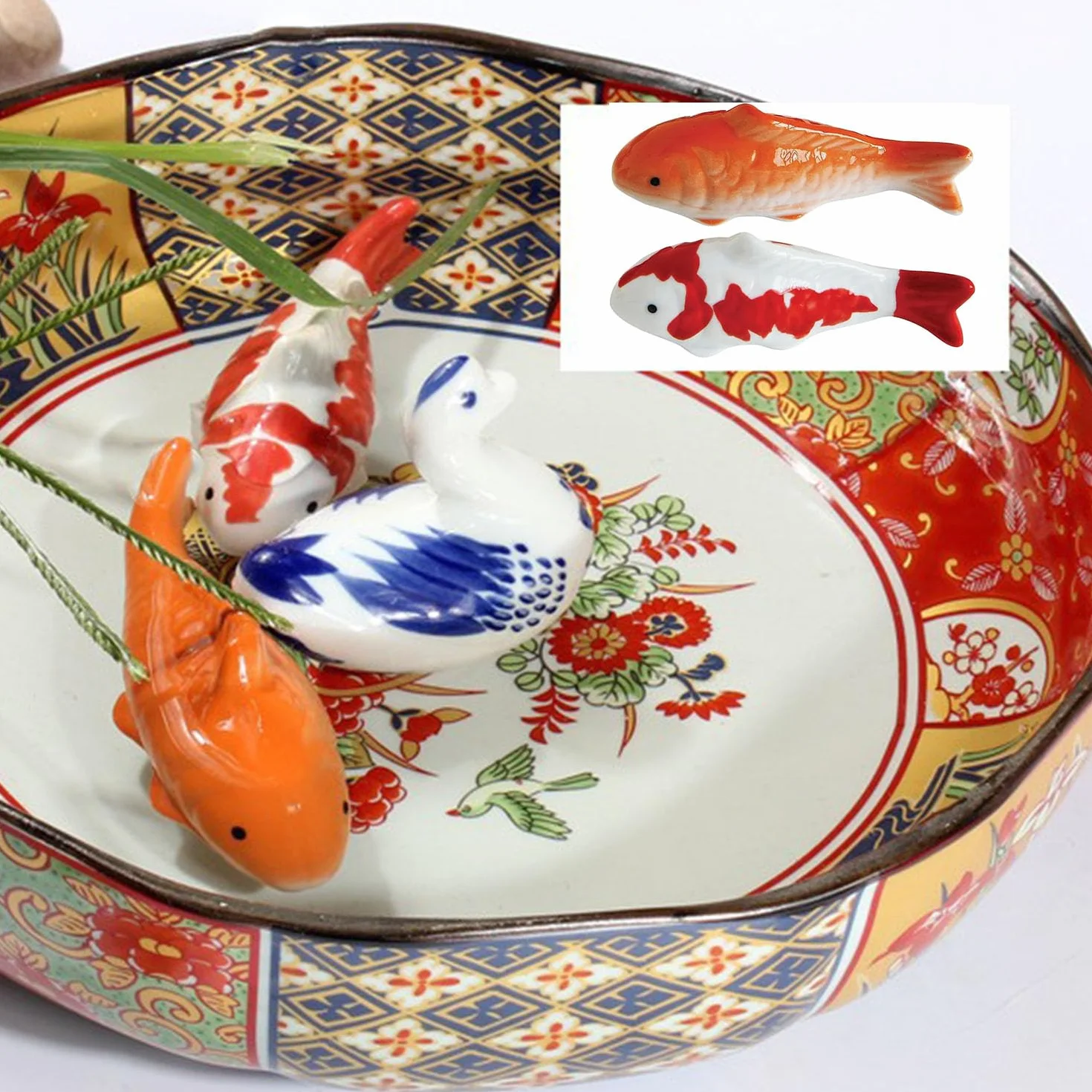 Lot De 2 Poissons Koï Flottants en Céramique - Décoration pour Bassin, Fontaine et Jardin