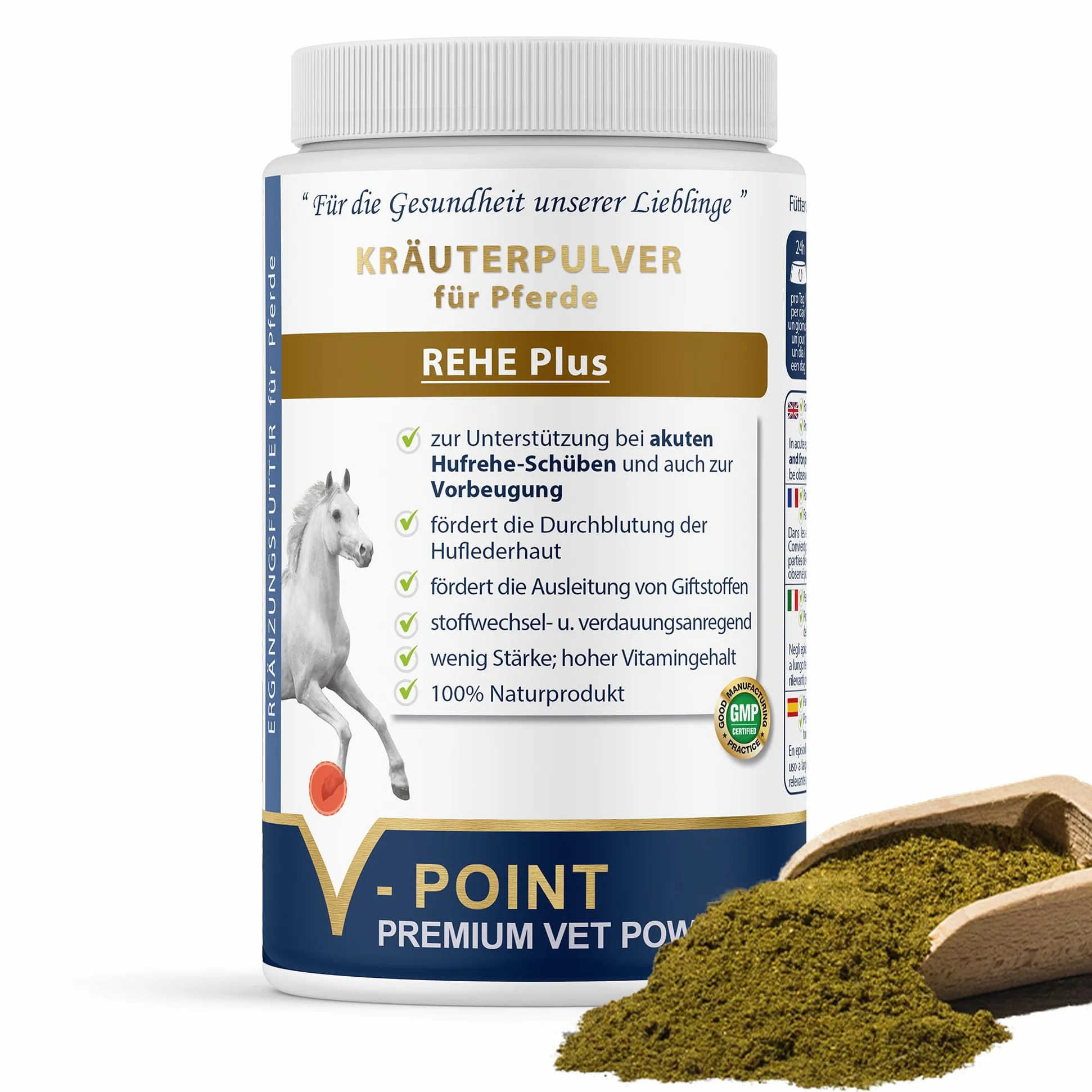 V-POINT REHE Plus poudre pour crises de fourbure aiguës prévention irrigation sanguine sabot cynorrhodon chardon-marie spiruline 450 g