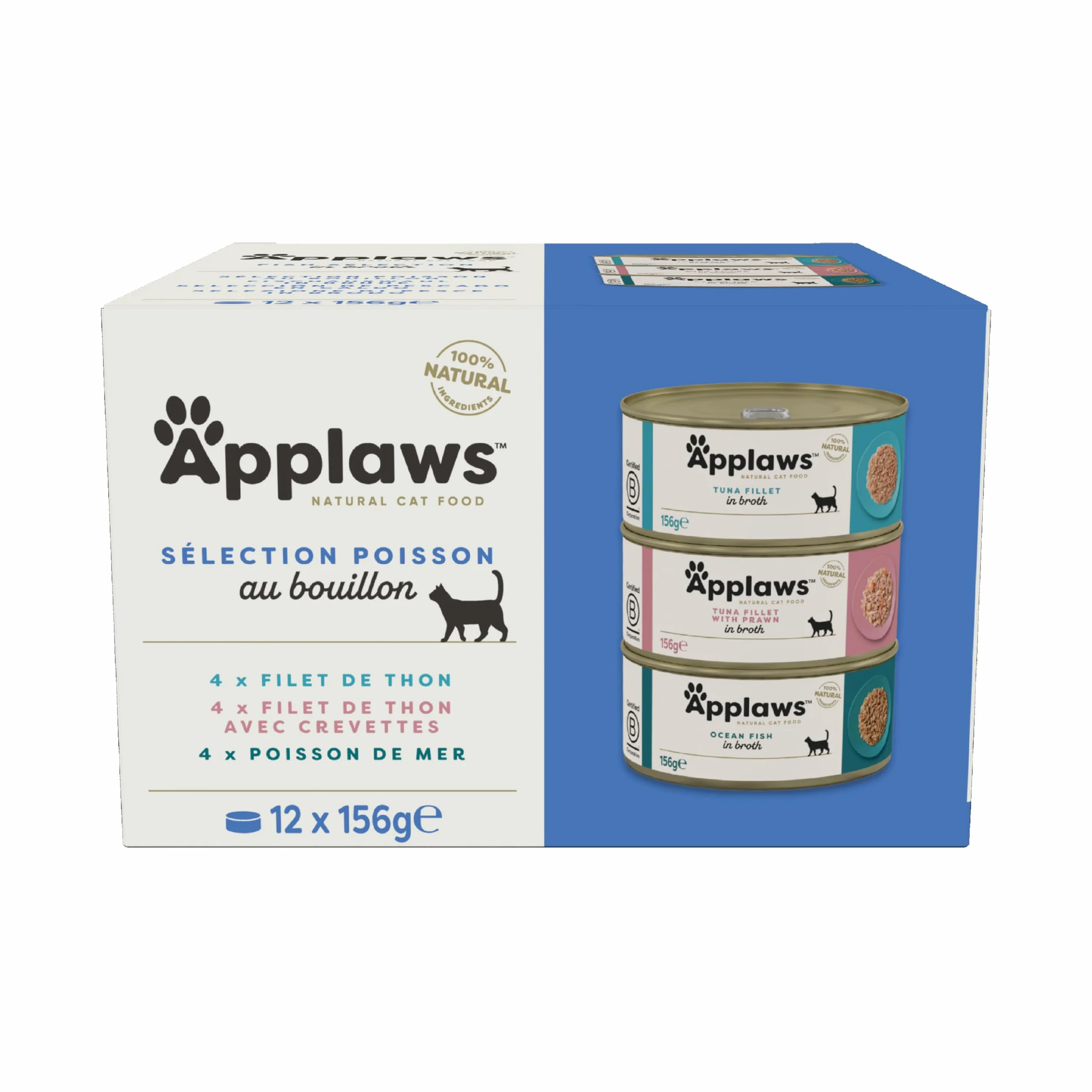 Applaws alimentation humide naturelle pour chat sélection de poissons en bouillon 12 boîtes 156g