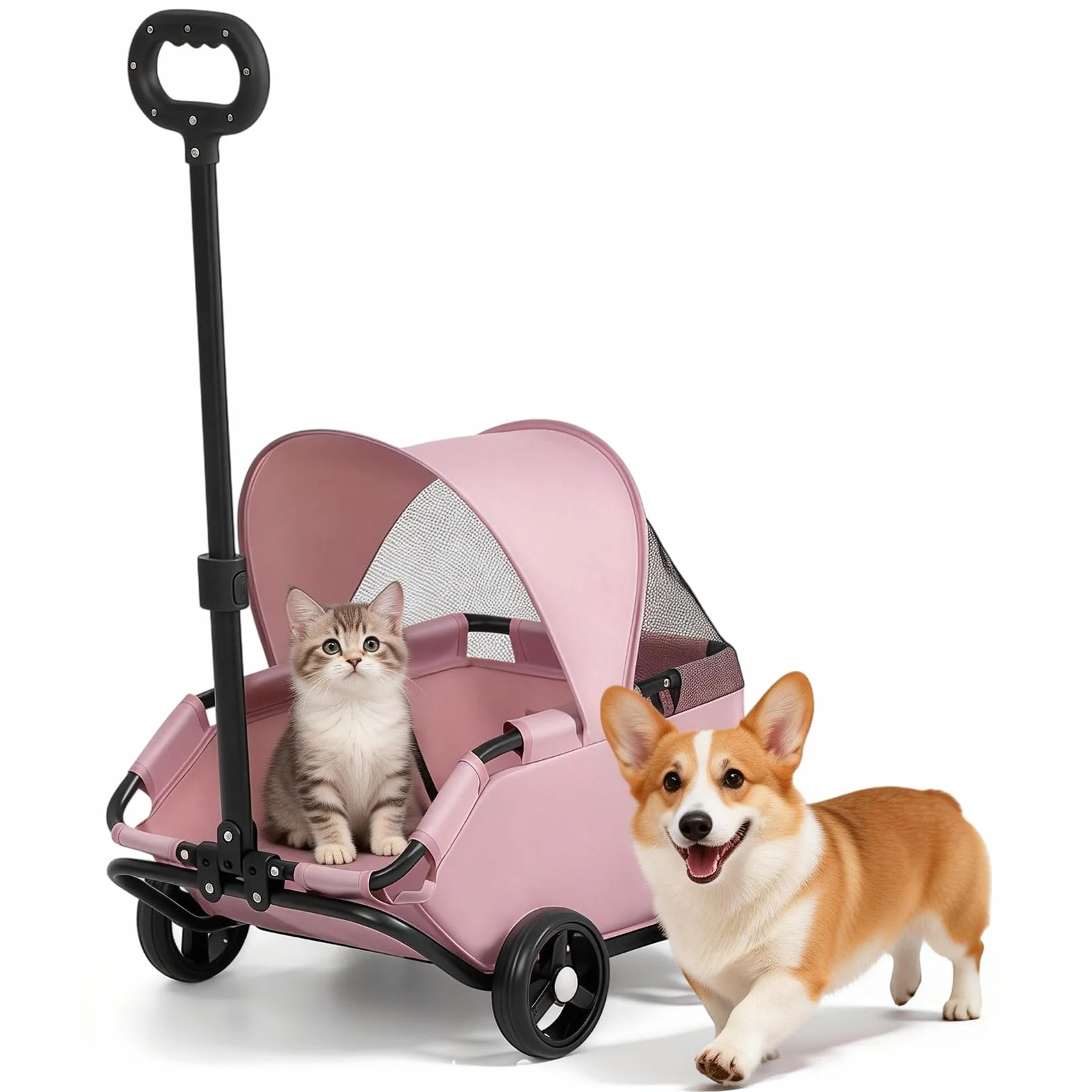Chariot pour chien pliable 4 roues barre pivotante 360° Tissu Oxford 600D rose