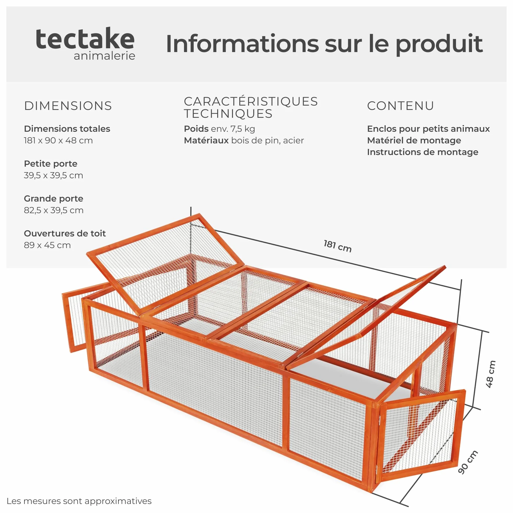 Tectake Clapier Lapin Exterieur 181x90x48 cm Bois imperméable Cage Rongeurs avec Parc XXL 2 Portes Toit ouvrant