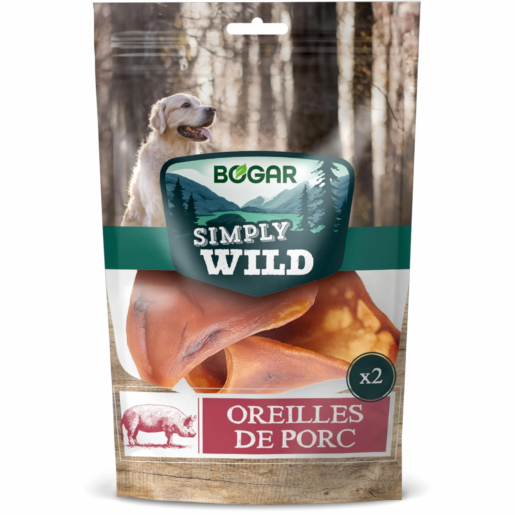 Bogar Simply Wild Friandises pour Chien Oreilles de Porc 100% Porc Séché 2x