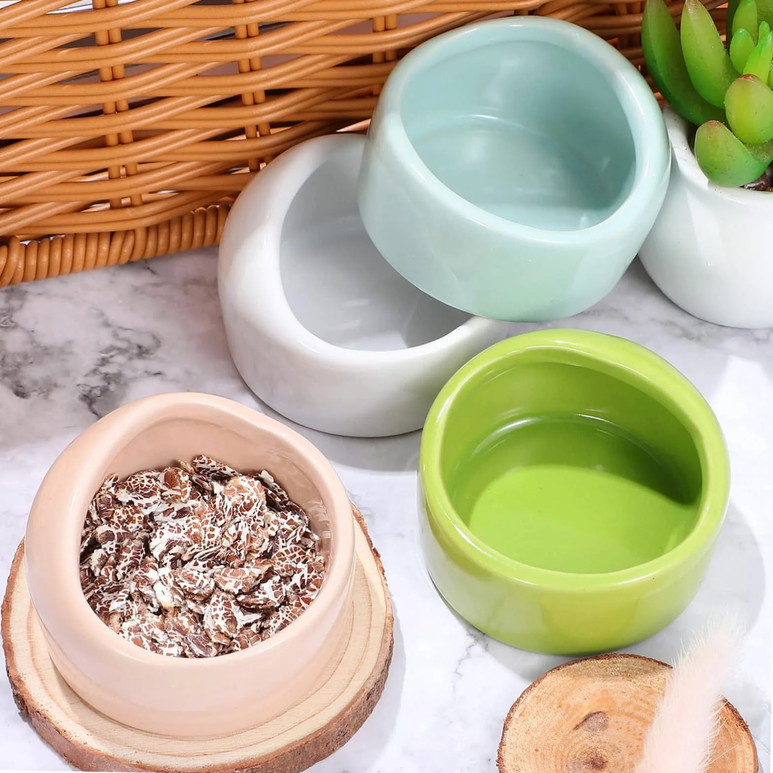 Lot de 3 Bols en Céramique pour Hamster - Gamelles Anti-morsure Rose Bleu Vert