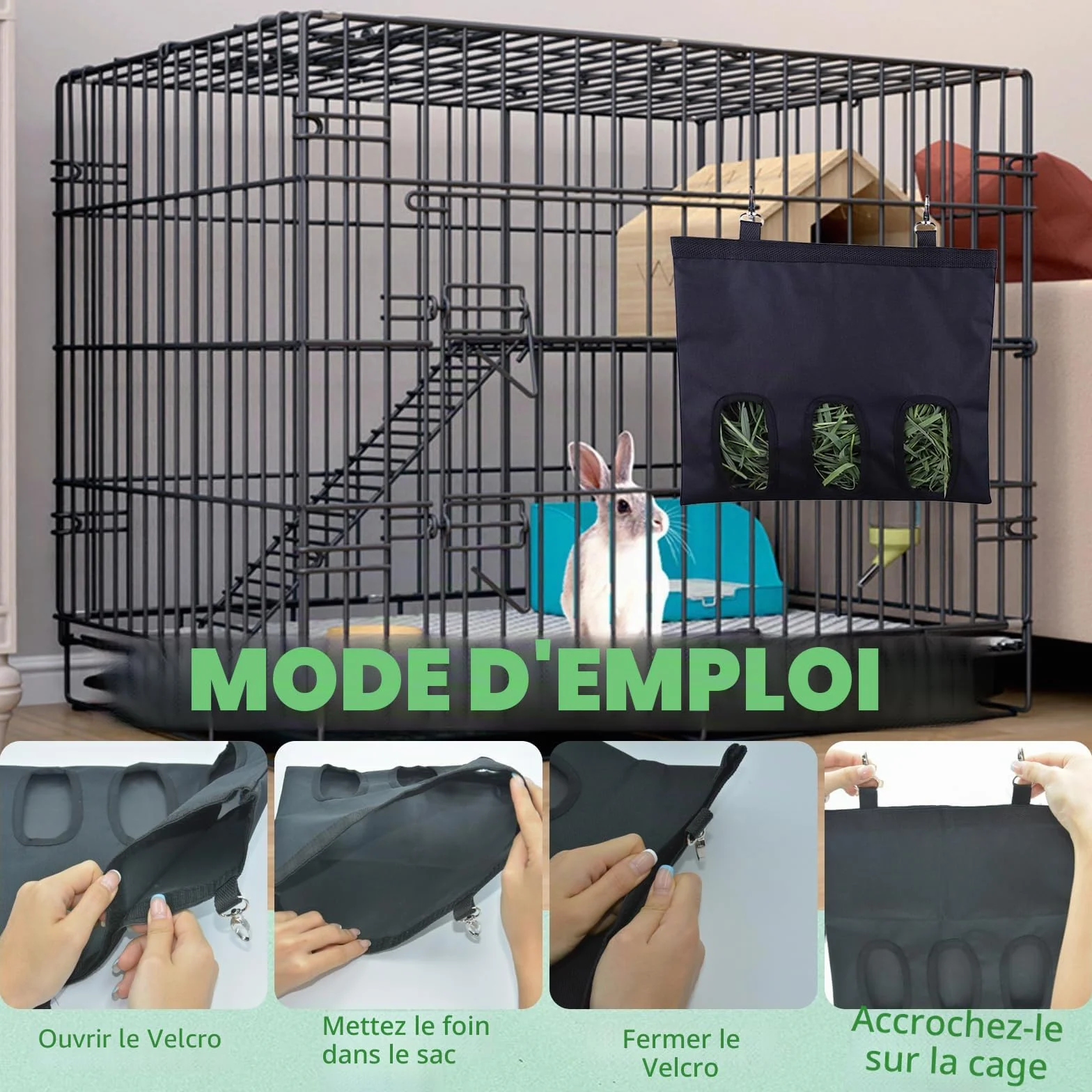 Mangeoire à Foin pour Lapin, Cochon d'Inde, Hamster - Sac de Rangement Lavable Suspendu Automatique (3 Ouvertures)