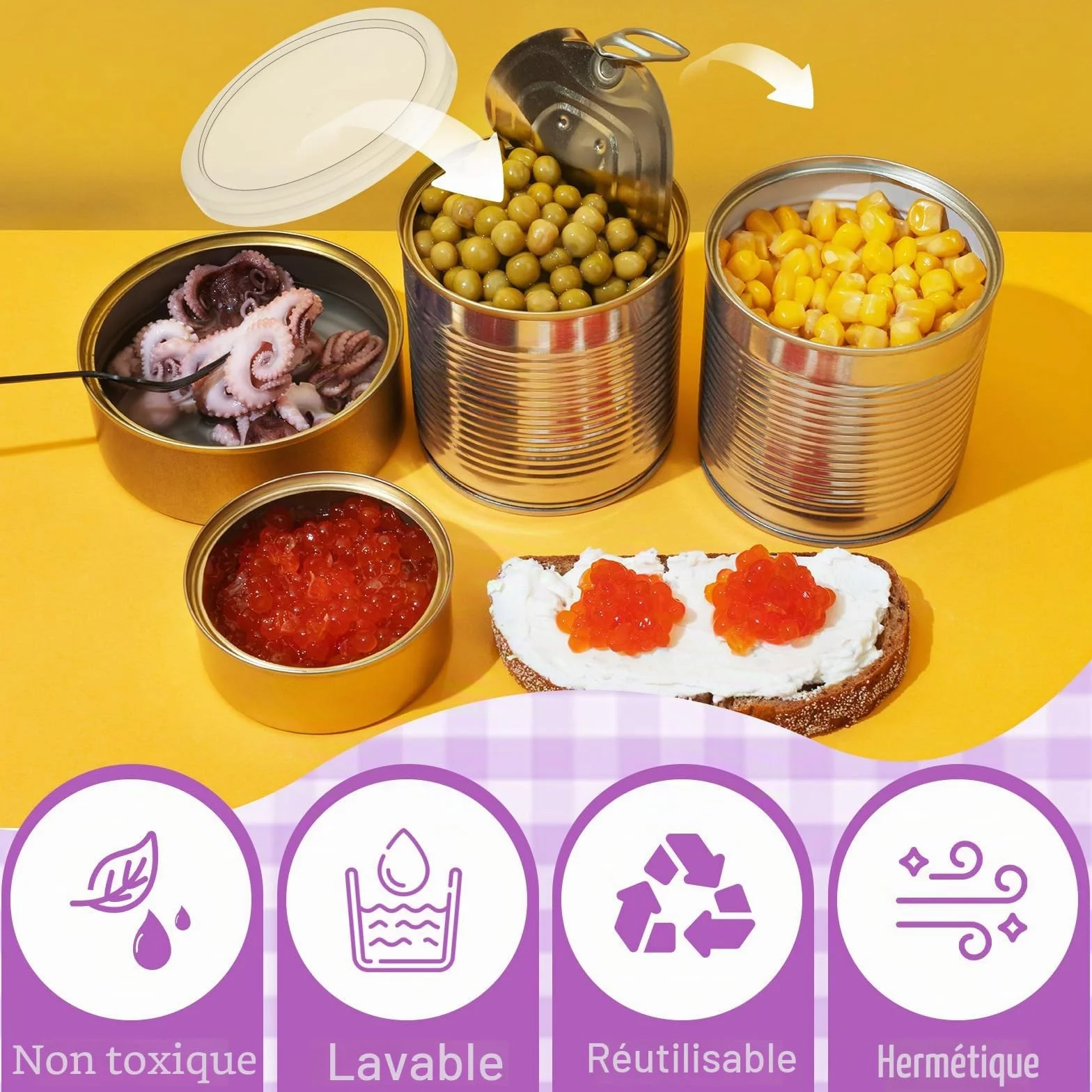 TIESOME Lot de 6 couvercles pour boîtes de conserve 75 mm plastique lavable transparents stockage aliments