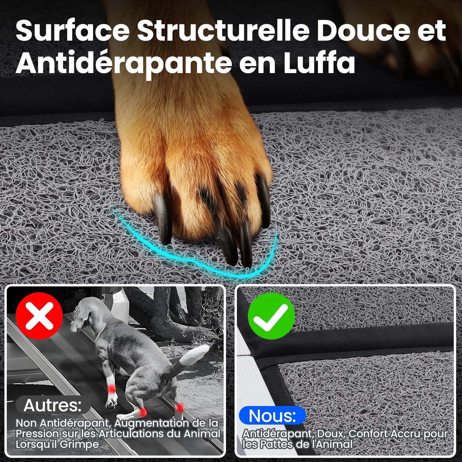 Rampe de Voiture Pliable pour Chien 170 x 44cm, Rampe Portable d'Accès Chien avec Surface Antidérapante, Cadre en Aluminium, Dog Ramp pour Camion Lit Voiture SUV, Légère et Facile à Ranger