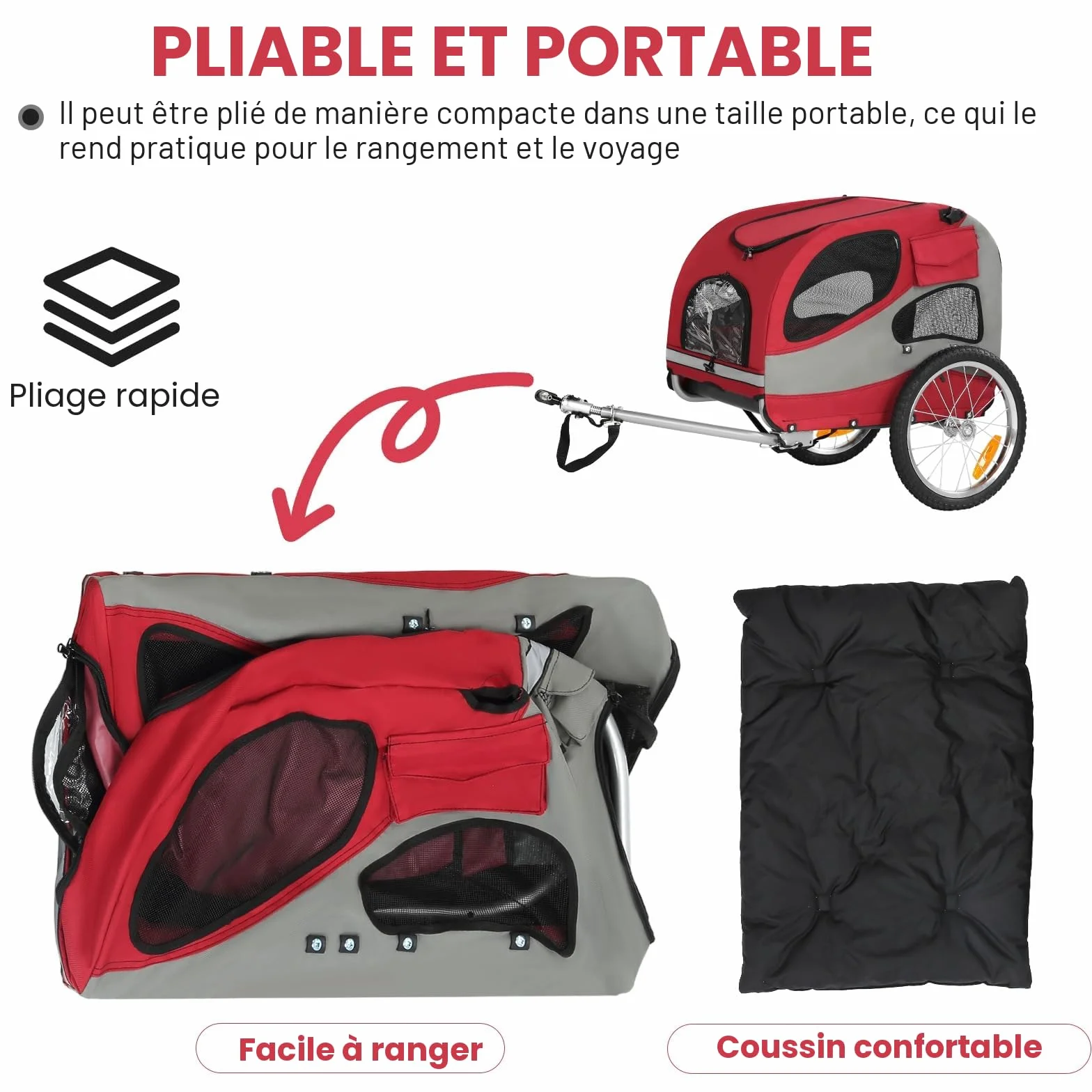 Remorque de vélo Pliable pour Chien avec réflecteurs de sécurité, Sac de Rangement, intérieur rembourré et laisses de sécurité, Transporteur pour Chien jusqu'à 30 kg