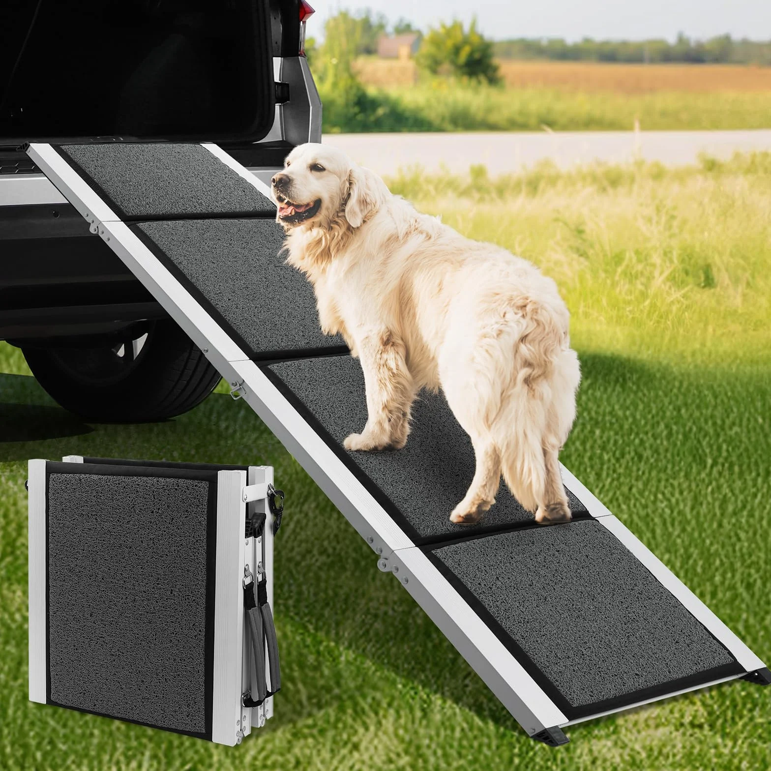 DAISTERN de BSWAY Rampe pour Chien Voiture Pliable 180cm x 50cm, Rampe d'Accès Escalier Extérieur avec Tapis Antidérapant, Cadre en Métal Aluminium Revêtu de Poudre Capacité de Charge jusqu'à 129KG
