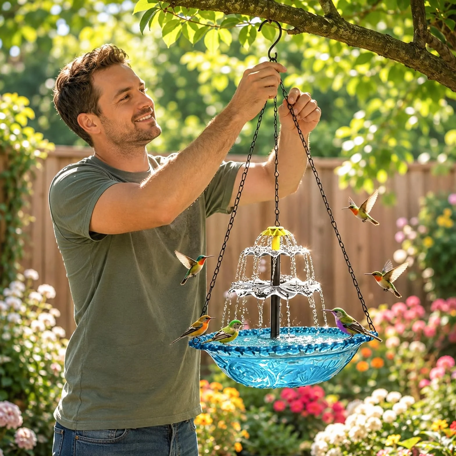 Bain d'oiseaux solaire avec fontaine suspendu chaînes métal bleu