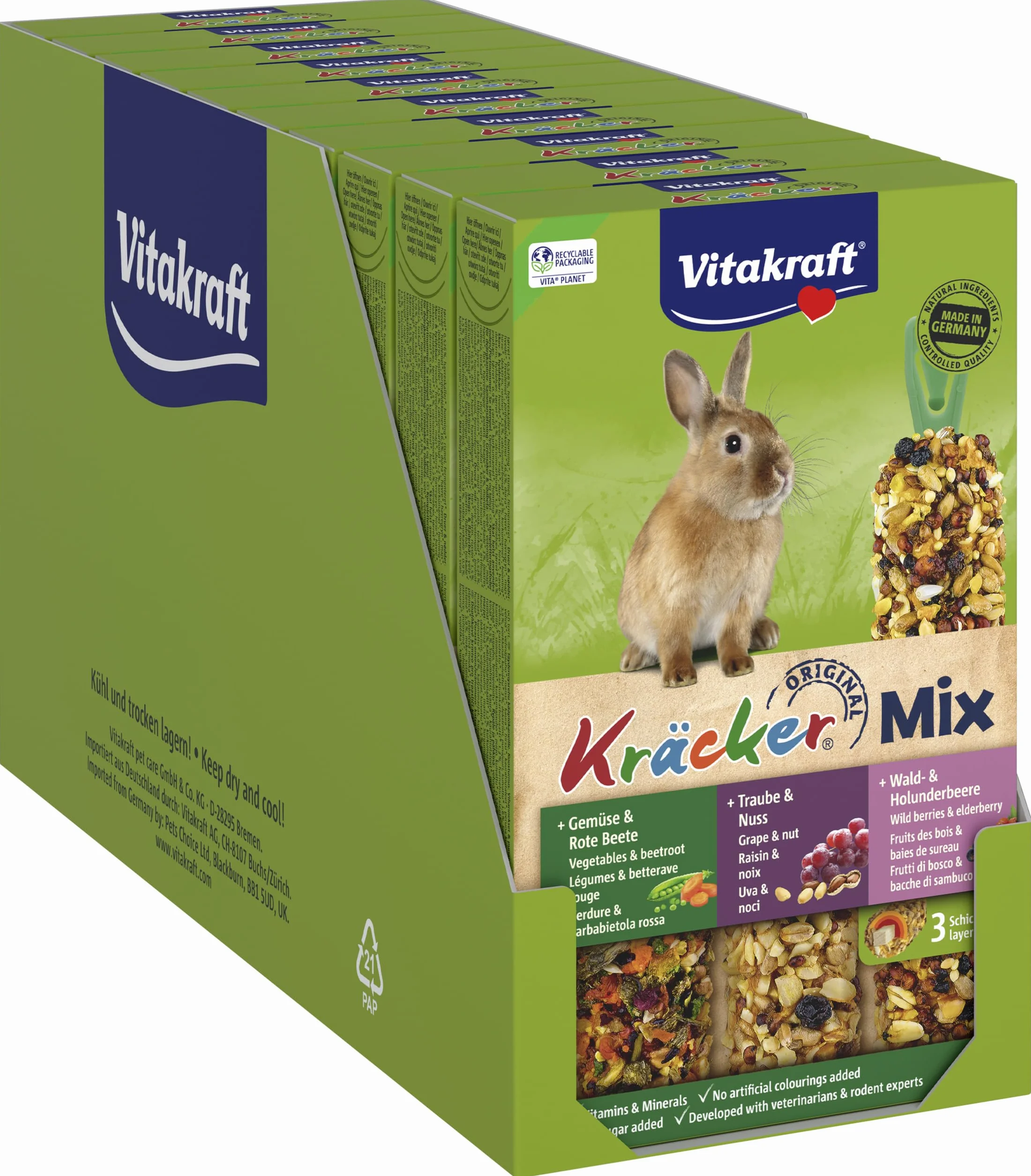 VITAKRAFT- Kräcker Mix, Snack Pour Rongeurs, Pour Lapins Nains, Aux Légumes Et Betterave Rouge, Au Raisin Et Aux Noix, Aux Baies Des Bois Et Sureau, Sans Ajout De Sucre Ni De Céréales (10X168G)