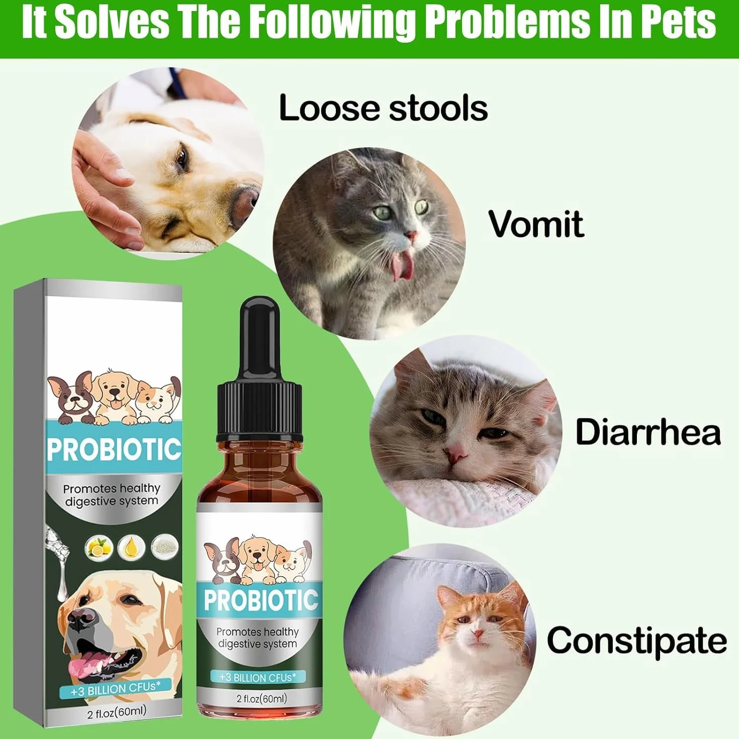 Antibiotiques pour Chats, Probiotiques Chien Chat 60ML, Constipation Soulagement