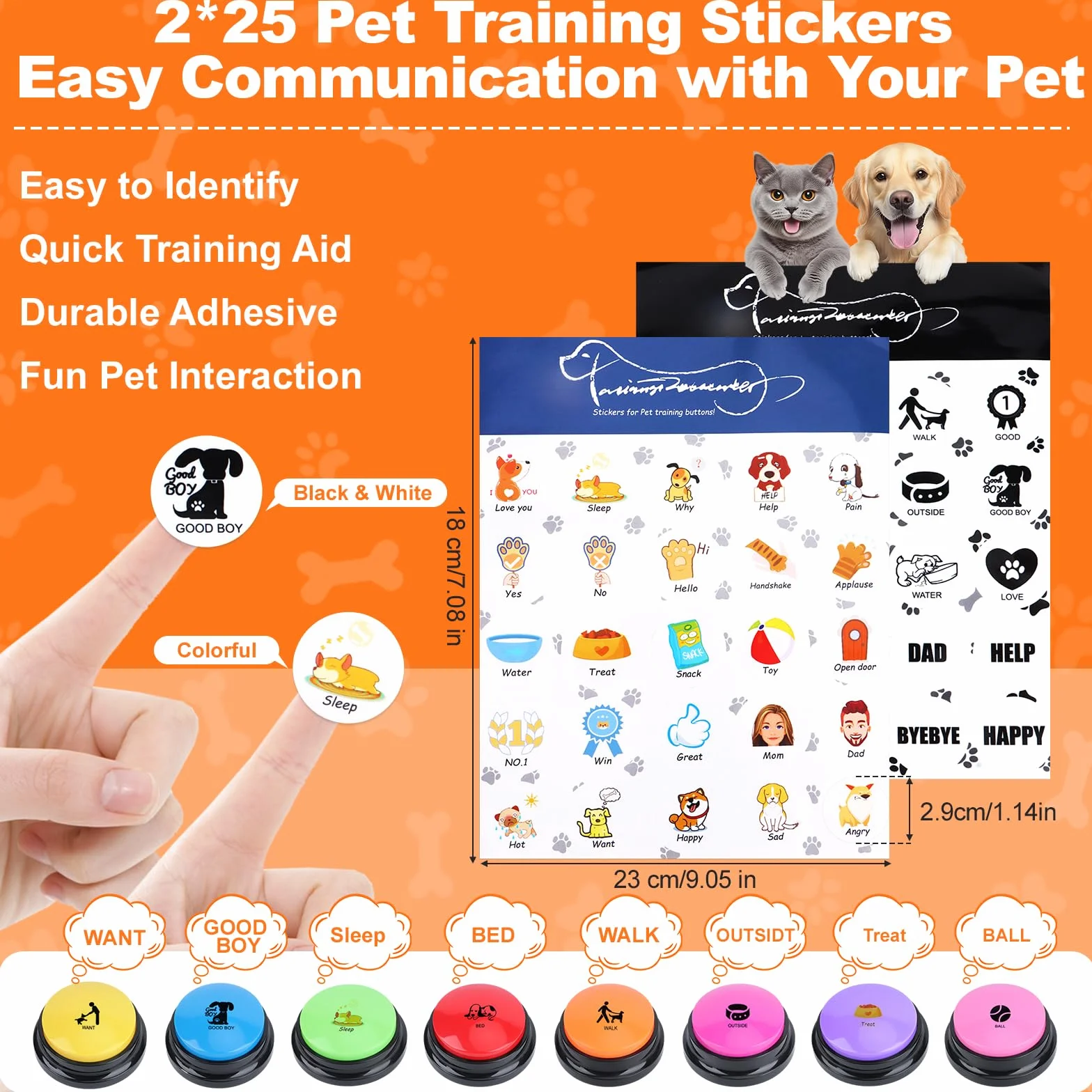 Buzzer Chien, Lot de 10 Boutons de Communication pour Chien, avec 2 Autocollants, Buzzer Enregistrable pour Interagir avec Les Chiens