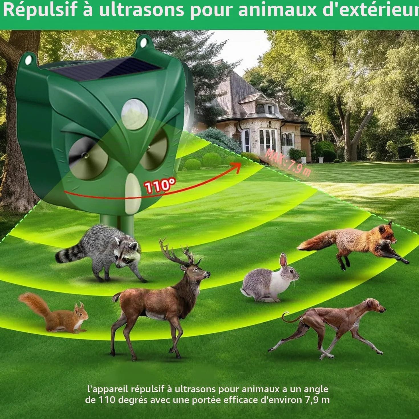 Répulsif à ultrasons pour chat, 5 modes, solaire et rechargeable, dissuasif pour cerf, chien, lapin, mouffette, oiseau pour jardin extérieur (RC546)