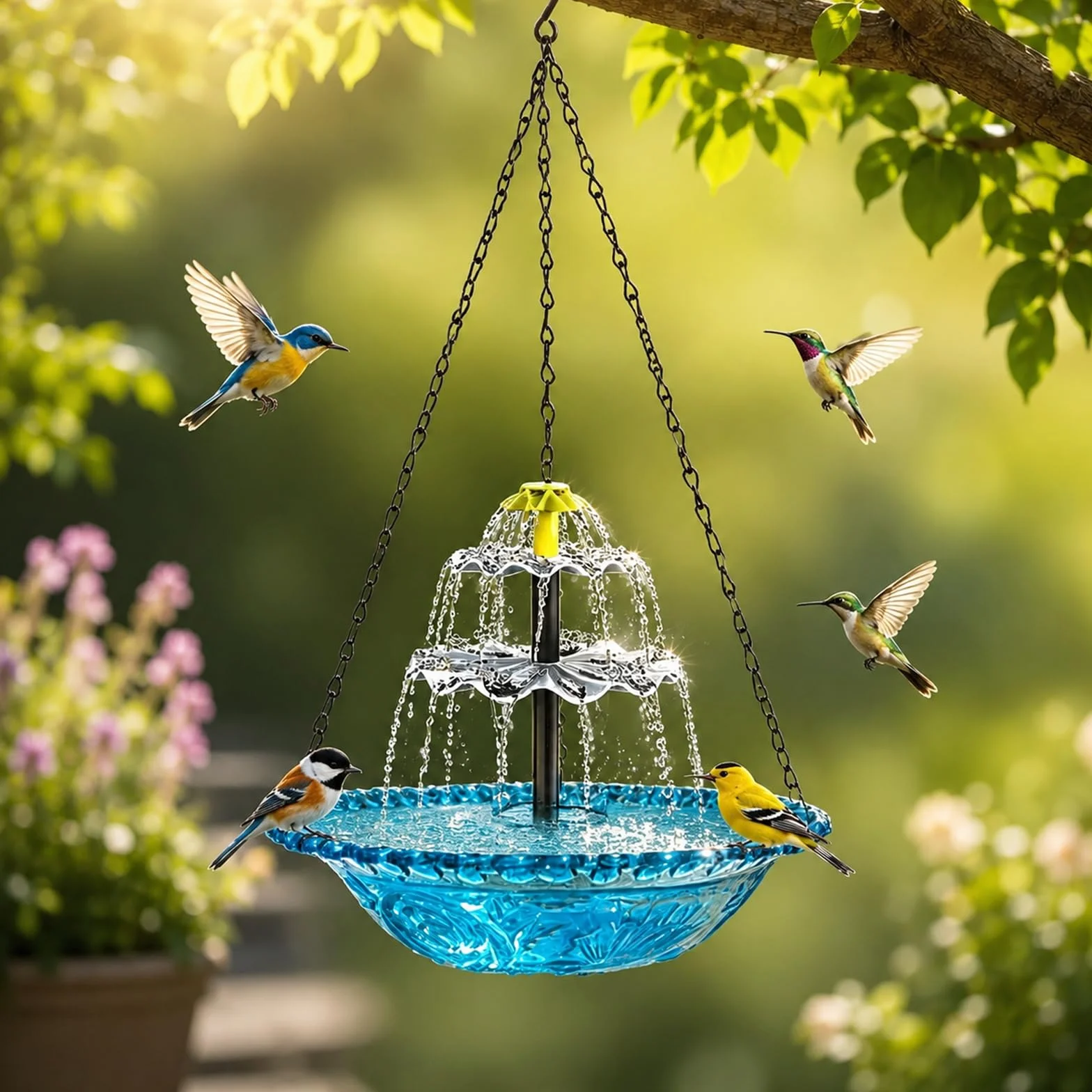 Bain d'oiseaux solaire avec fontaine suspendu chaînes métal bleu