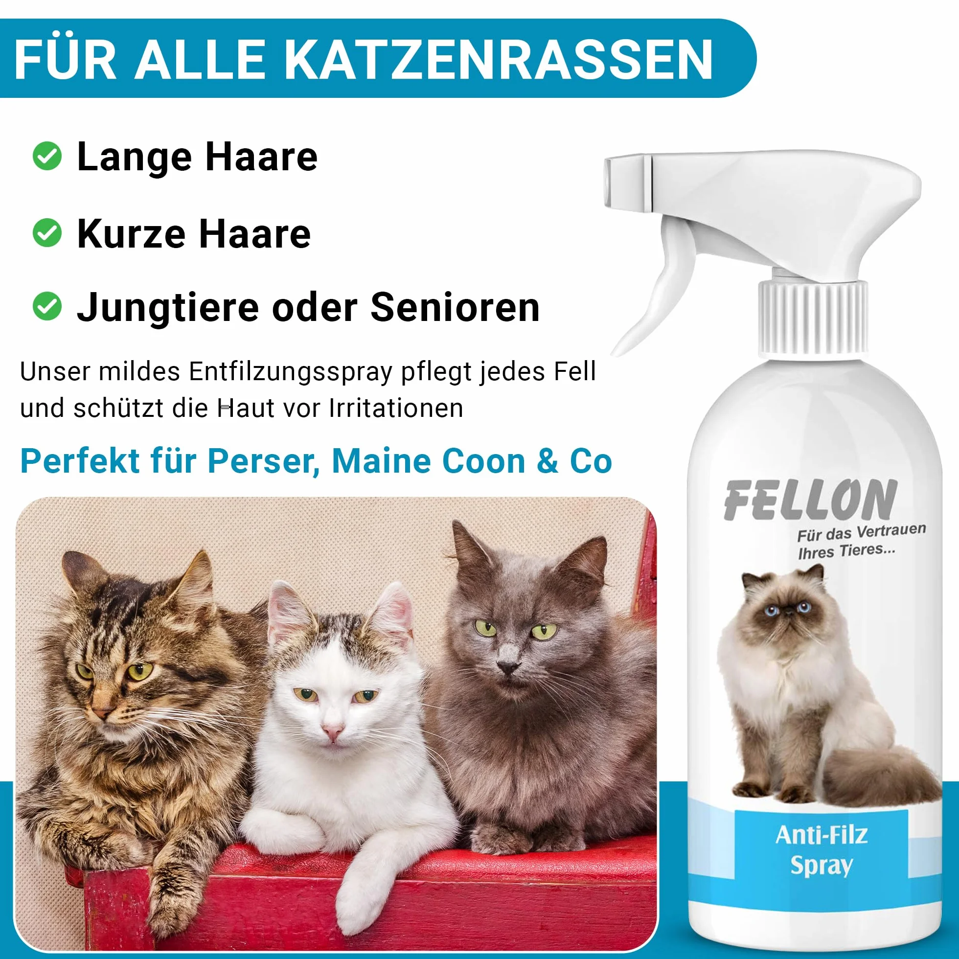 Fellon Spray anti-feutre pour chats - Spray démêlant 500 ml pH neutre - Soin du pelage brillance soyeuse