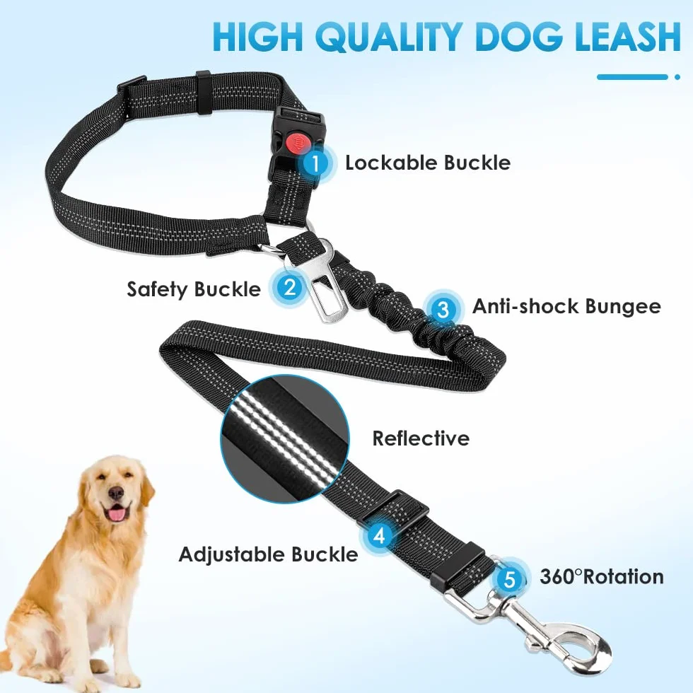SlowTon Lot de 2 ceintures de sécurité pour chien pour voiture, réglables avec élastique amortisseur, laisse de voiture 2 en 1 pour animal domestique, attache de sécurité réfléchissante (noir,