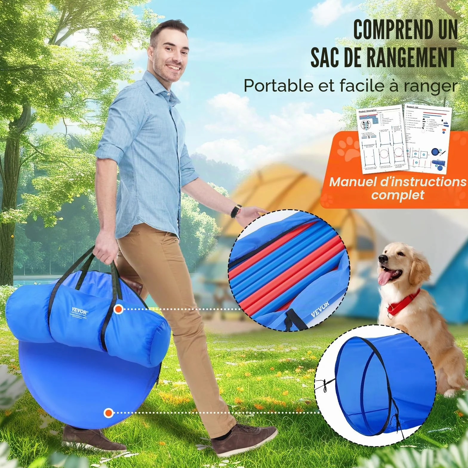 VEVOR Équipements d'Entraînement Agilité pour Chien, Ensemble 5PCS, Parcours Obstacles pour Chiot, avec Haies Hautes Réglables, 6 Poteaux, Tunnel, Anneau de Saut, Boîte de Pause, Sifflet, Bol Pliable