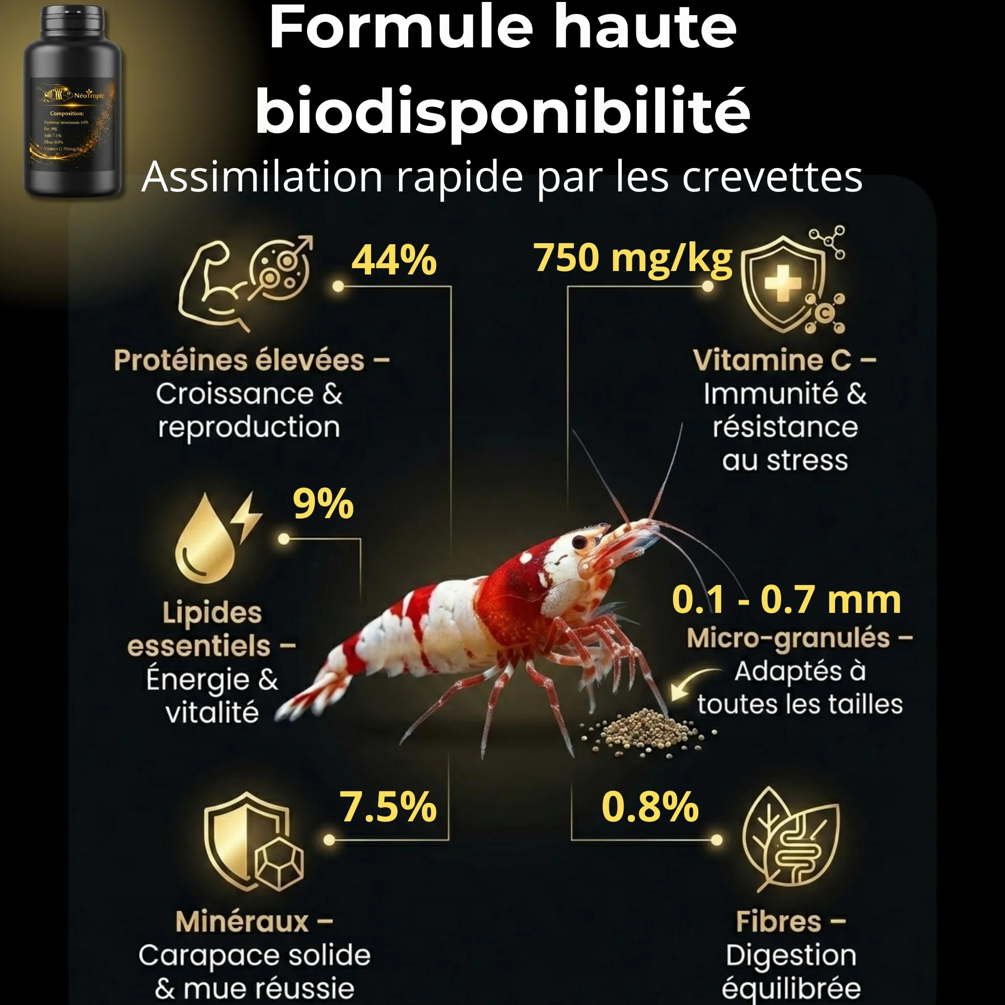 NEOTROPIC Pure Shrimp Pro Formula Nourriture Crevettes Aquarium Micro-granulés 60g