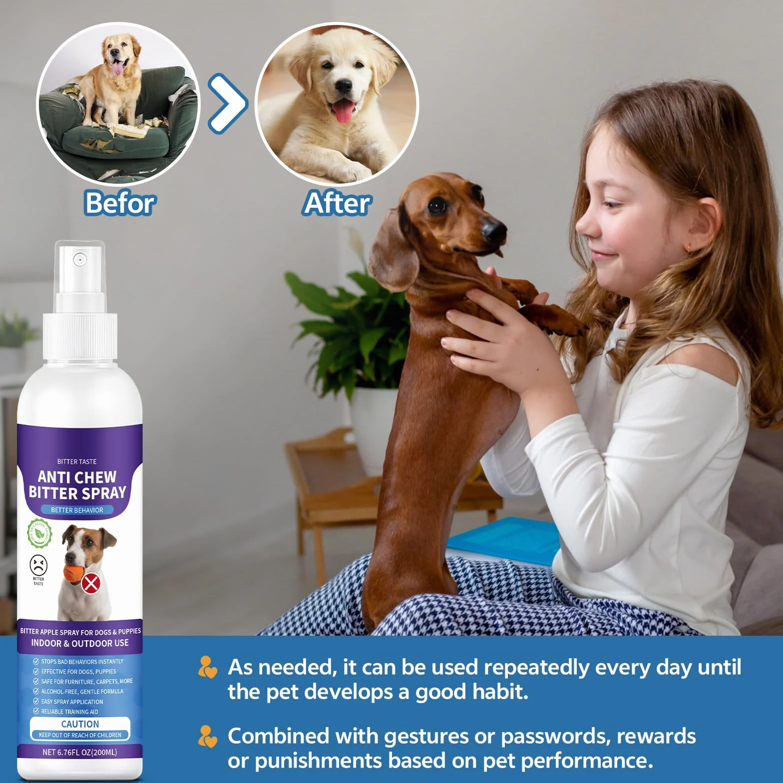 Spray anti-mastication pour chiens pomme amère 200 ml arrêter mâcher empêcher léchage plaies protège meubles chaussures bandages sans alcool