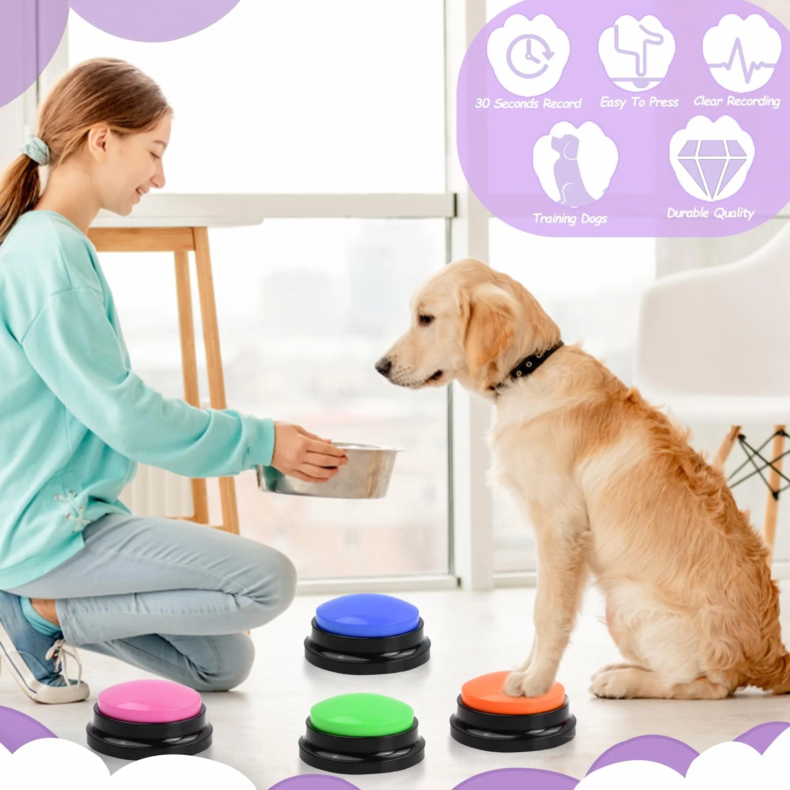 5 Pièces Chien Entraînement Boutons, Animaux Compagnie Communication Boutons, 30 Secondes Enregistrable Boutons de Réponse Parlant, Dressage Buzzer pour Chien Chiots Chat lEntraînement Communication