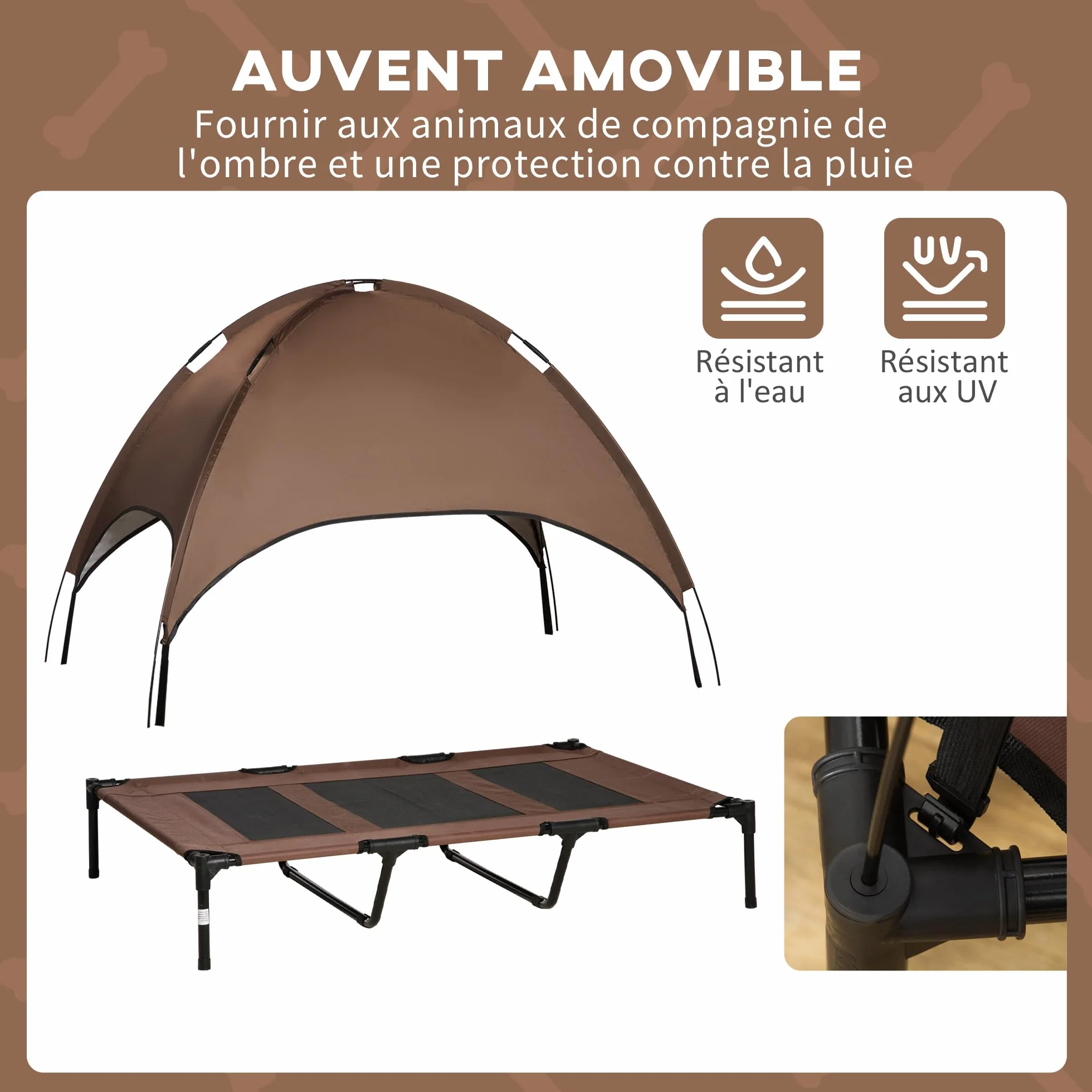 PawHut Lit pour Chien Chat sur Pieds Grand Confort Velum Anti-UV Tissu Oxford Micro-perforé + Parasol + Sac de Transport Inclus Marron Noir