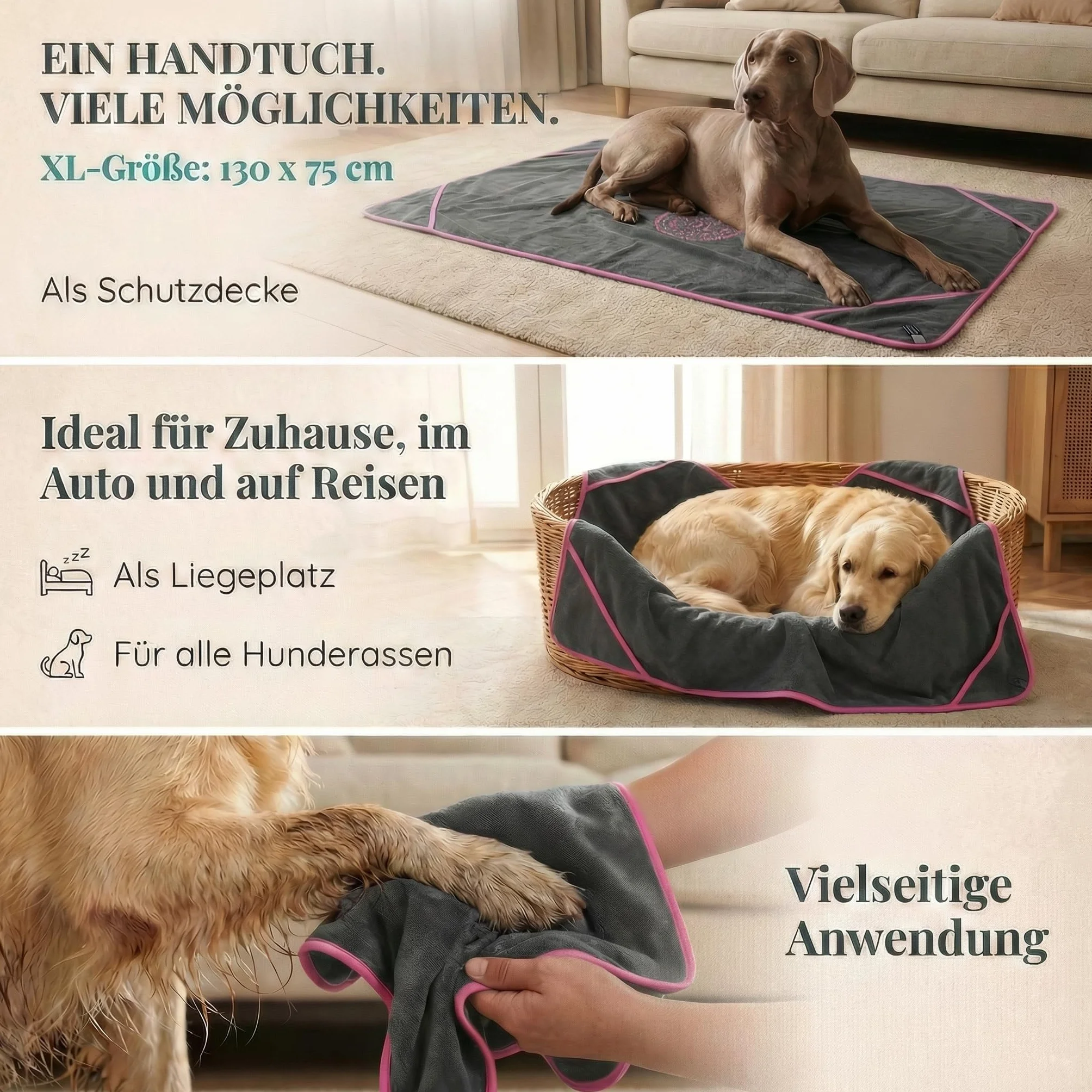 HUND IST KÖNIG Serviette pour Chien Extra absorbante Ultra Douce Microfibre 4 Poches Lavable 60 °C 130 x 75 cm