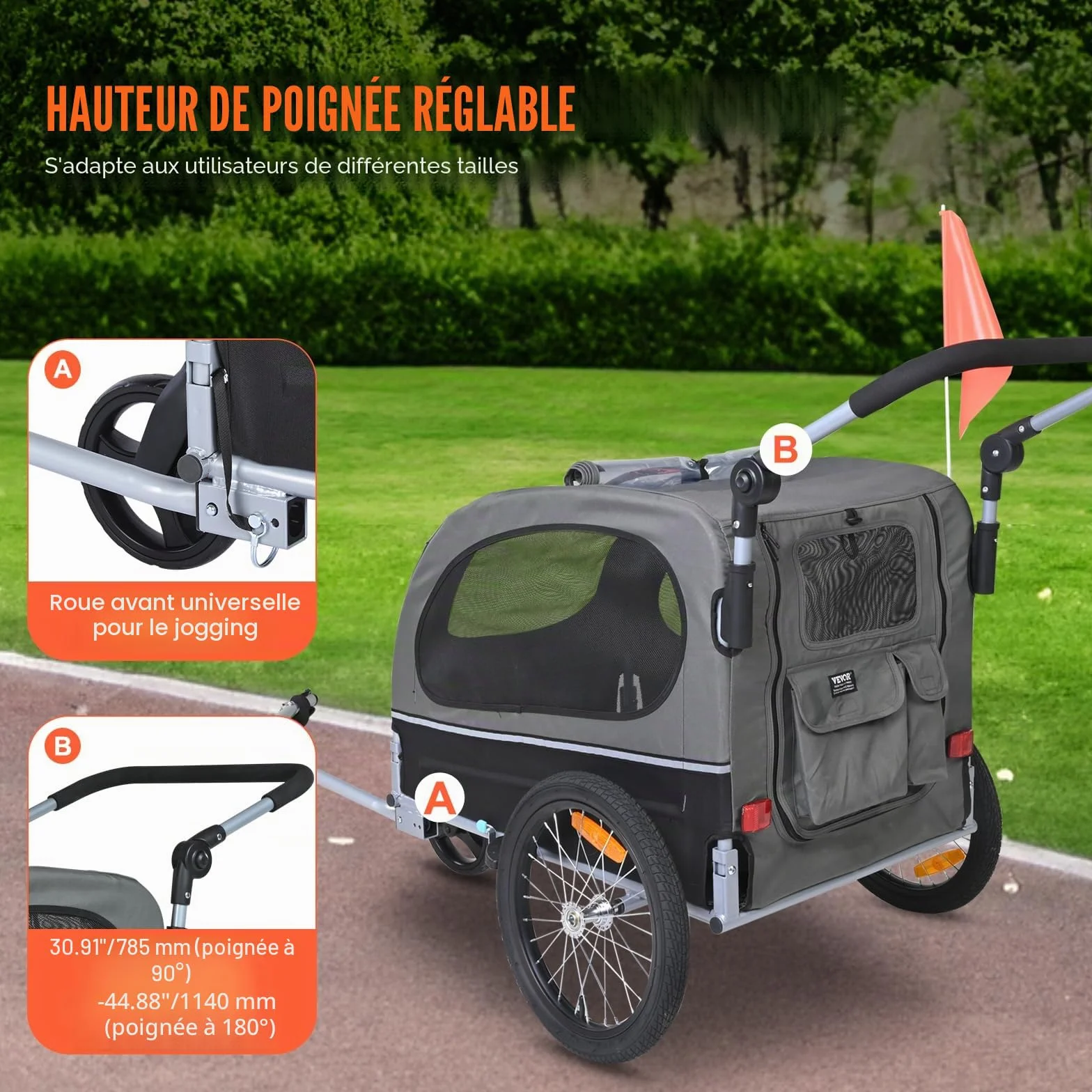 VEVOR Remorque vélo pour Chien, Charge 40 kg, Poussette d'animaux de Compagnie 2 en 1, Cadre Pliable Facile avec Roue à dégagement Rapide, coupleur de vélo Universel, Laisse Interne