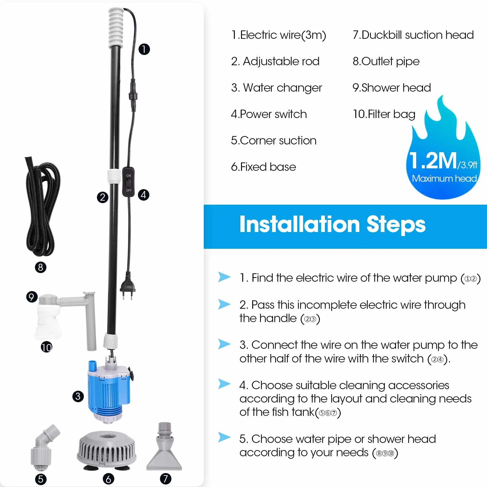 Aspirateur Electrique pour Aquarium 6 en 1 Kit Nettoyage de Gravier Changeur d'eau Laveur de Sable
