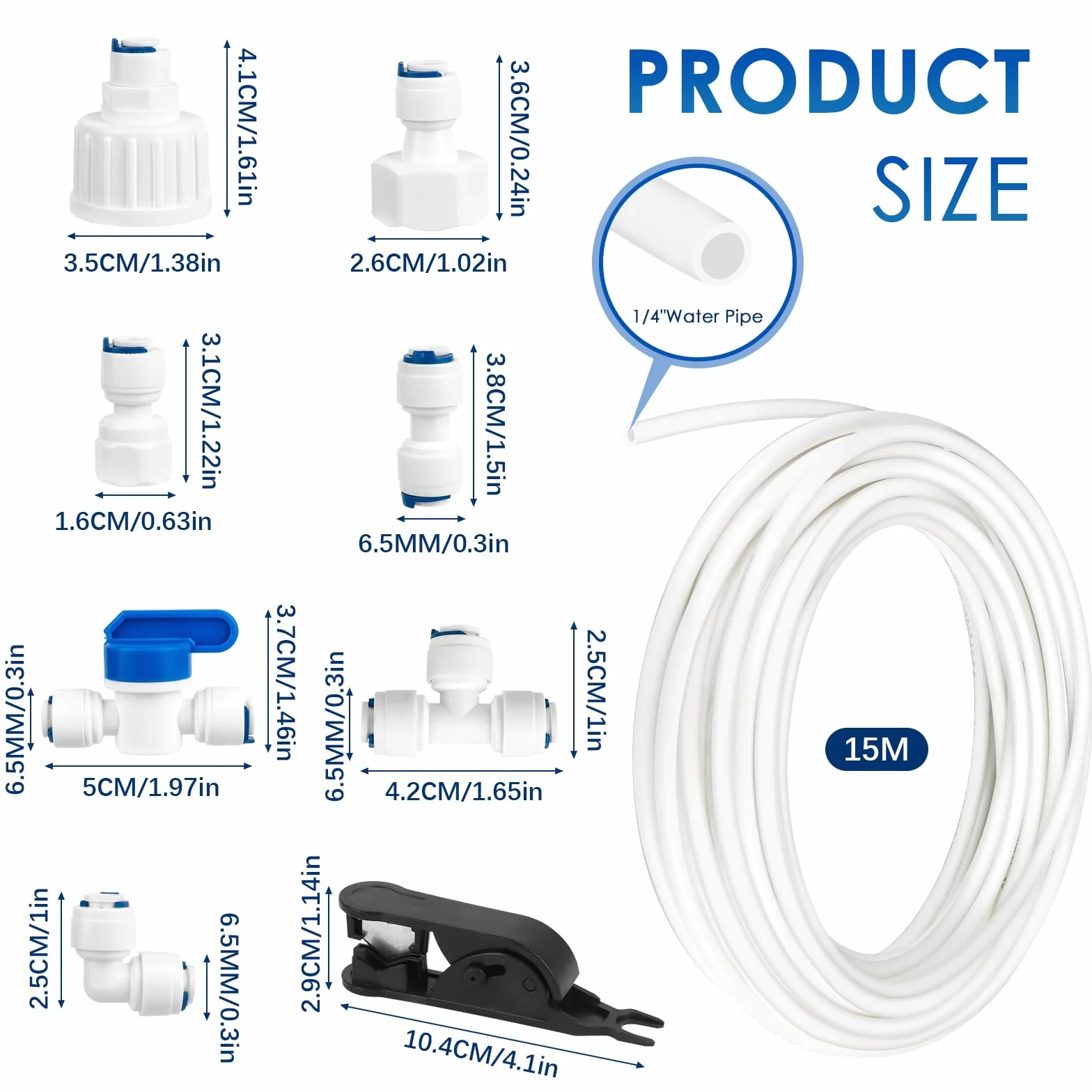 Kit de Raccordement D'eau pour Réfrigérateur de 15m, Tuyau D'alimentation en Eau Tube de Filtre Pièces et Accessoires, Matériau POM Tuyau Frigo Alimentation en eau pour Réfrigérateurs,Aquarium（1/4"）