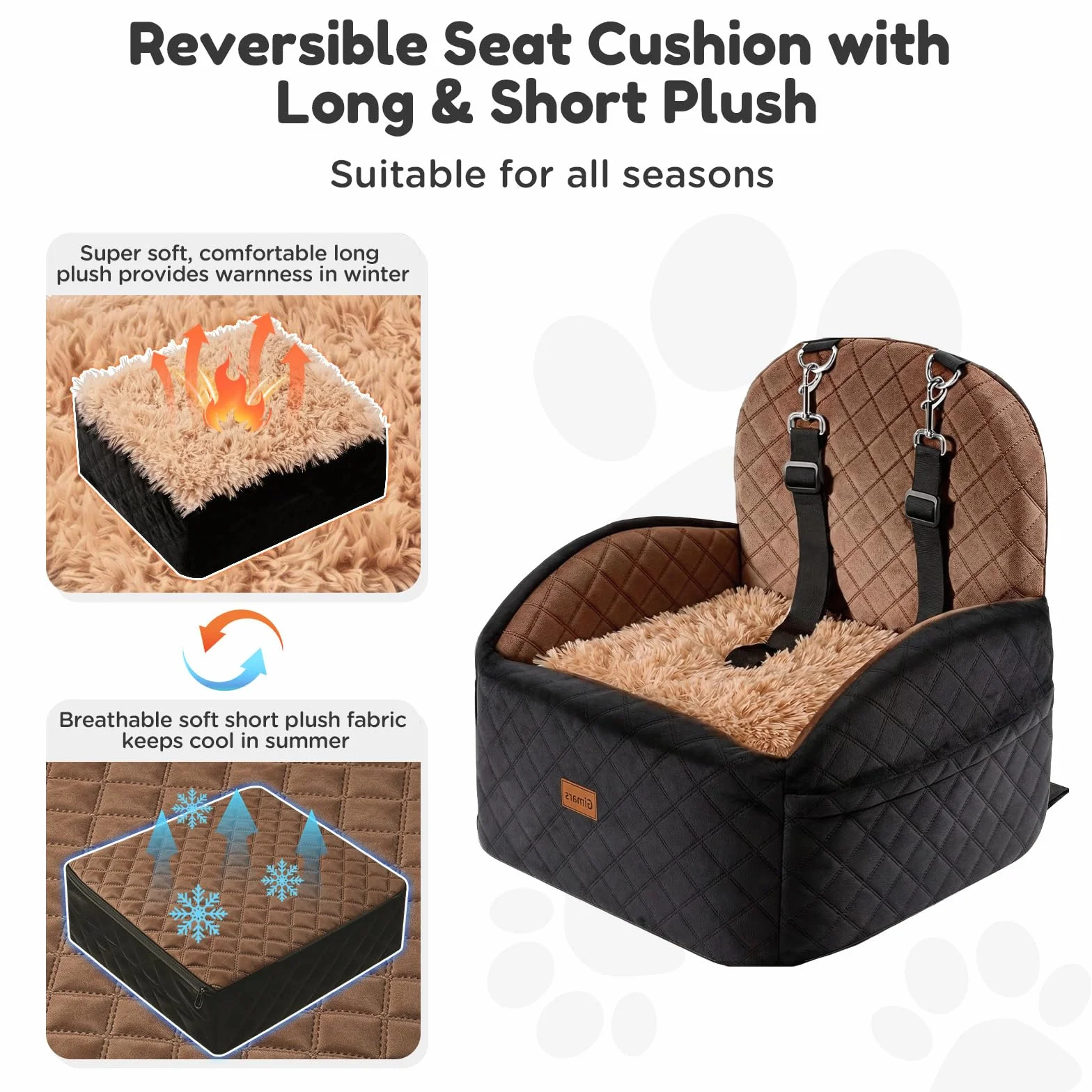 Gimars Siège Auto Chien Réversible Peluche pour Petits/Moyens Chiens Jusqu'à 16kg, Amovible Lavable, Antidérapant, Panier Voiture avec Mousse 28D 15cm