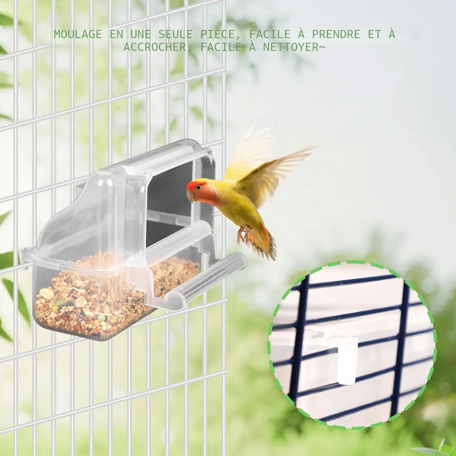 Lot de 2 mangeoires en plastique suspendues pour cage à oiseaux, perroquets, calopsittes, pigeons, canaris (transparent)