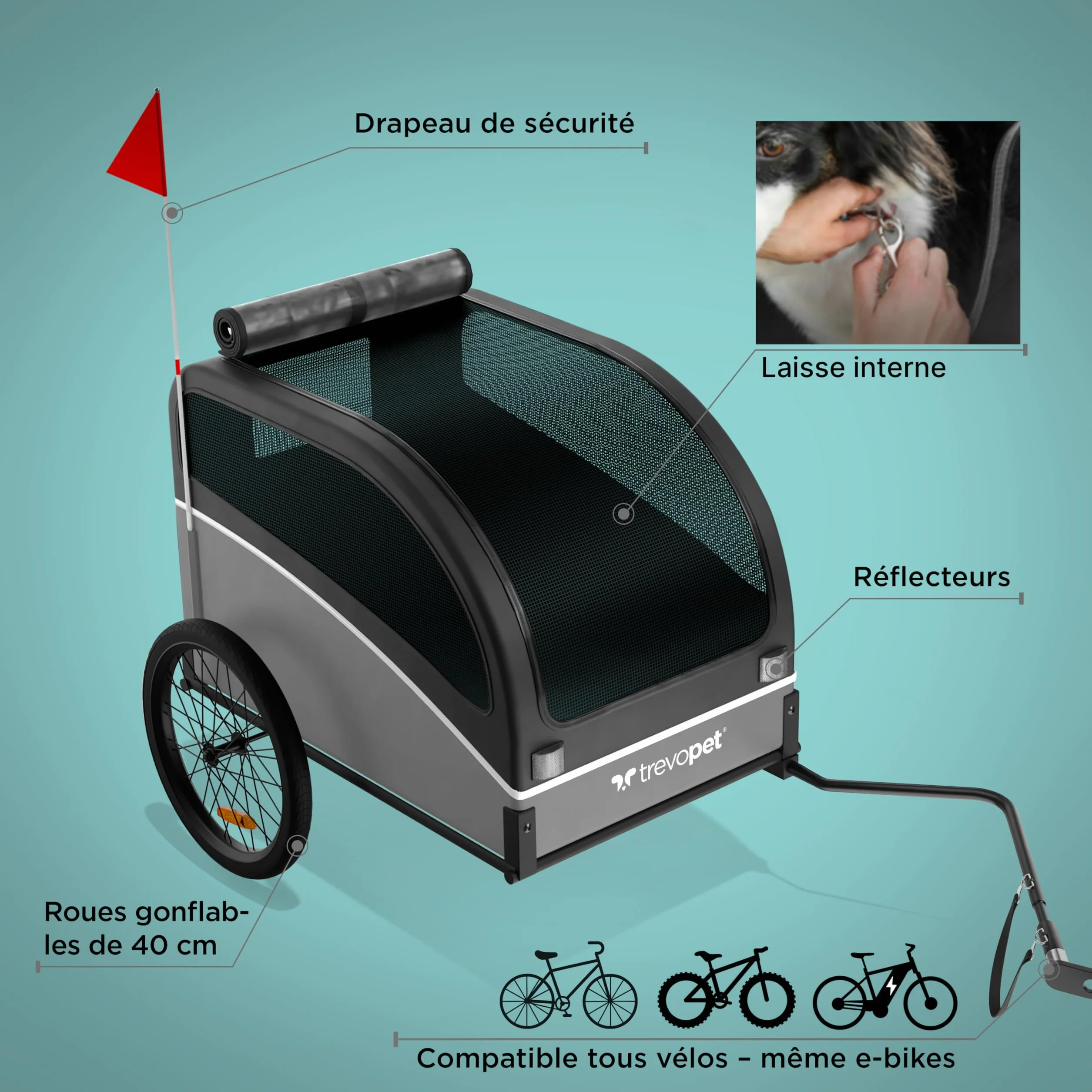 Remorque Velo Chien – Chariot Pliable avec attelage et réflecteurs – Carriole étanche Jusqu’à 40 kg – Compatible avec vélos électriques – Noir