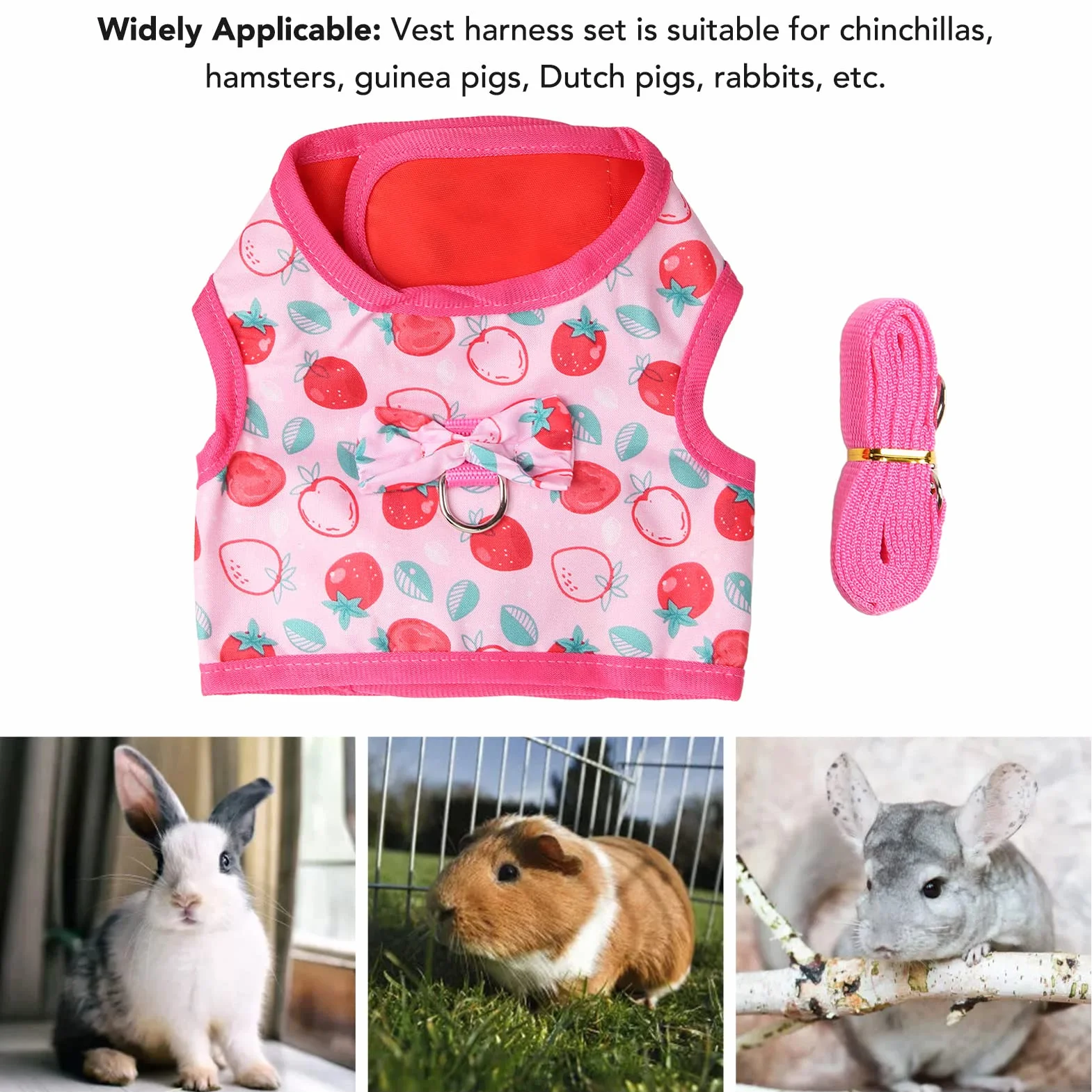 Tnfeeon Harnais Souple et Laisse Ajustable pour Petits Animaux : Lapin, Cochon d'Inde, Chaton, Hamster, Furet - Motif Fraise, Respirant et Confortable