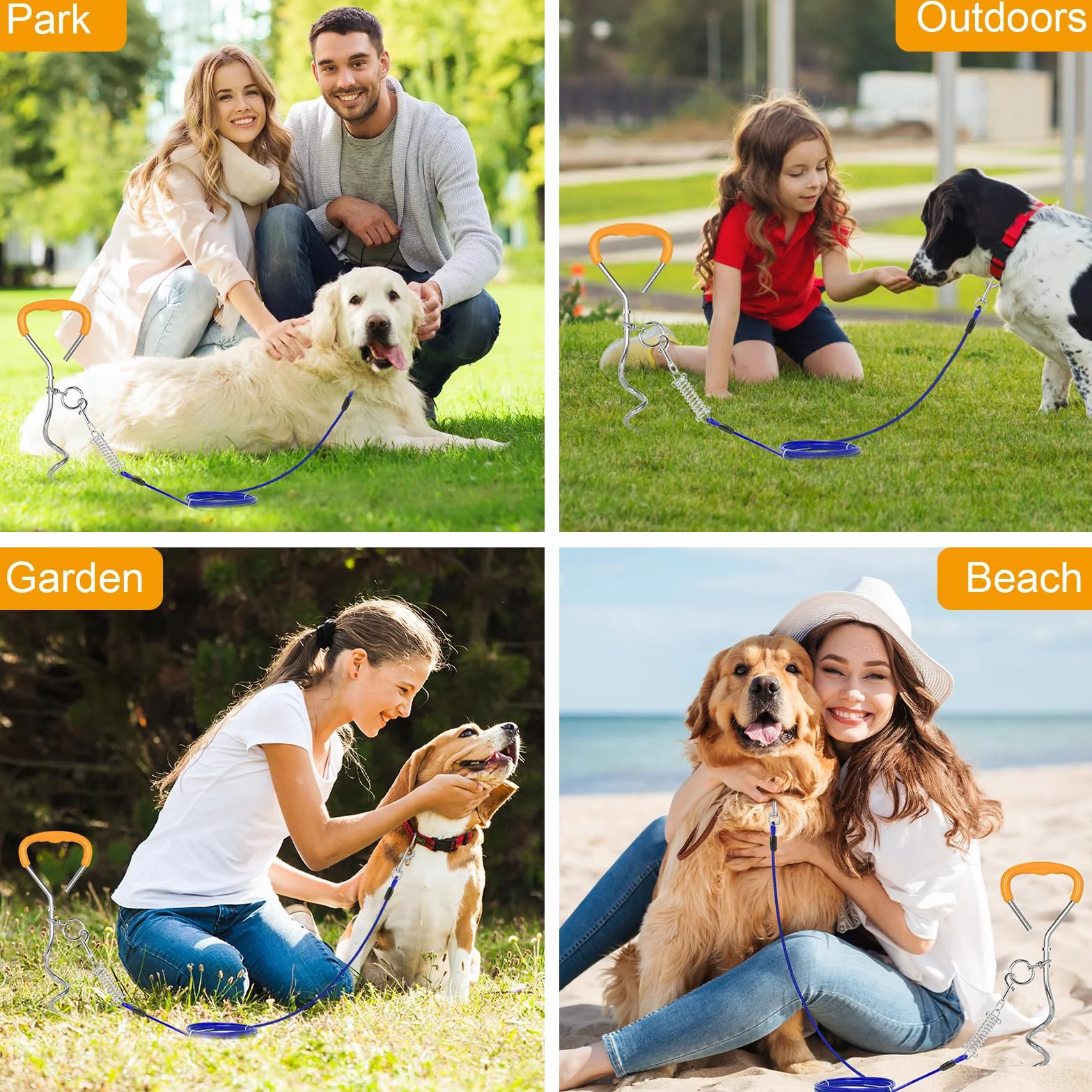 Ancrage au sol pour chien - 42 cm x 9 mm - Robuste et durable - Avec crochet rotatif et ressort absorbant les chocs - Pics pour chien en spirale - Pour jardin, plage, pelouse, extérieur (bleu)