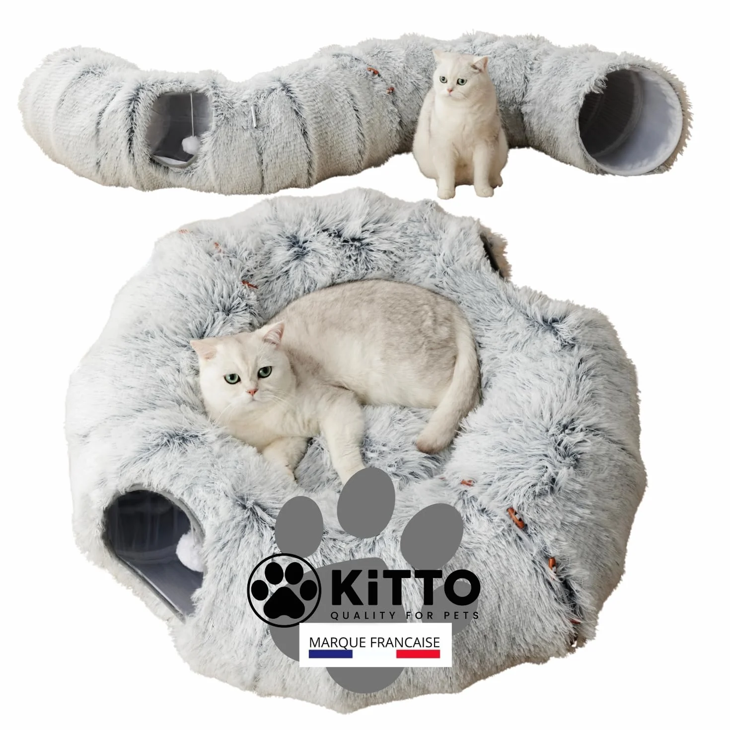 Kitto - Tunnel pour Chat - Panier Moelleux avec Coussin lit - Tunel Cat Jeu - Cabane, Niche - Tunnelle modulable - Rond -Convient pour Chat XXL, Petit Chien, Lapin, Furet - 12 Attaches en Bois