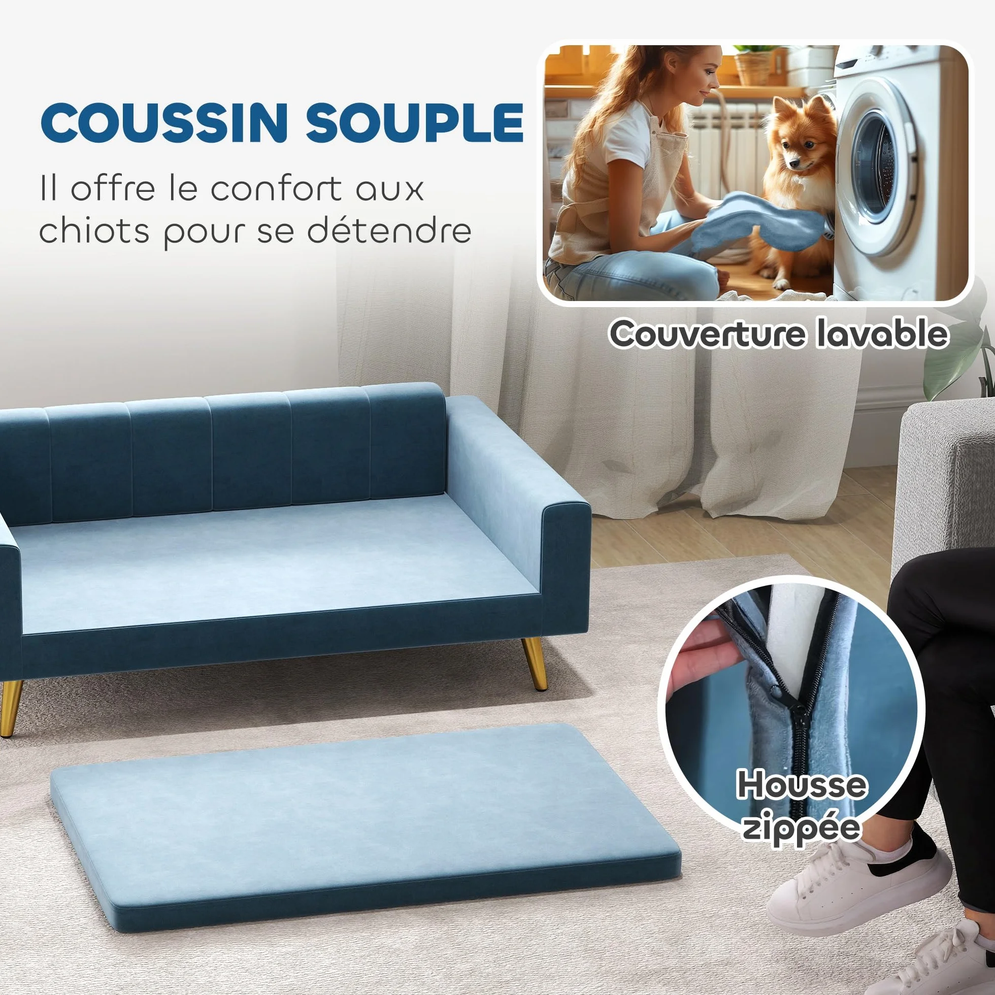 PawHut Canapé Chien 94 x 59,5 x 31,5 cm Bleu Velours Soyeux Pieds Acier Inoxydable