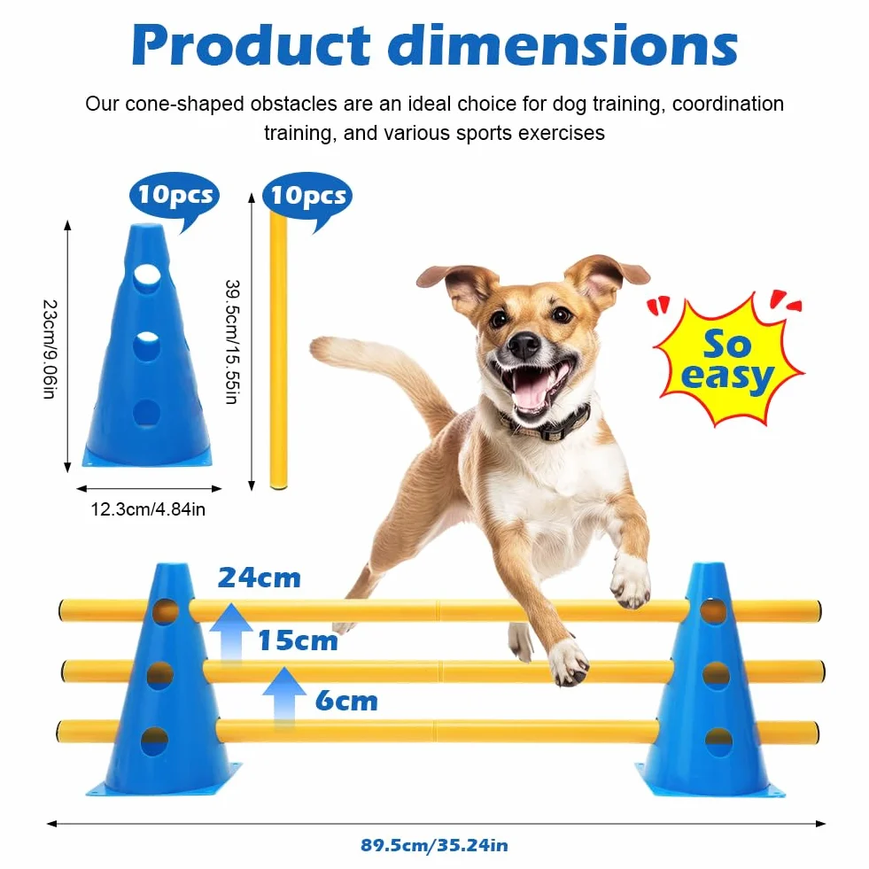 Kit de sport pour chien Cavaletti Agility - 10 cônes + 5 barres, résistant aux intempéries