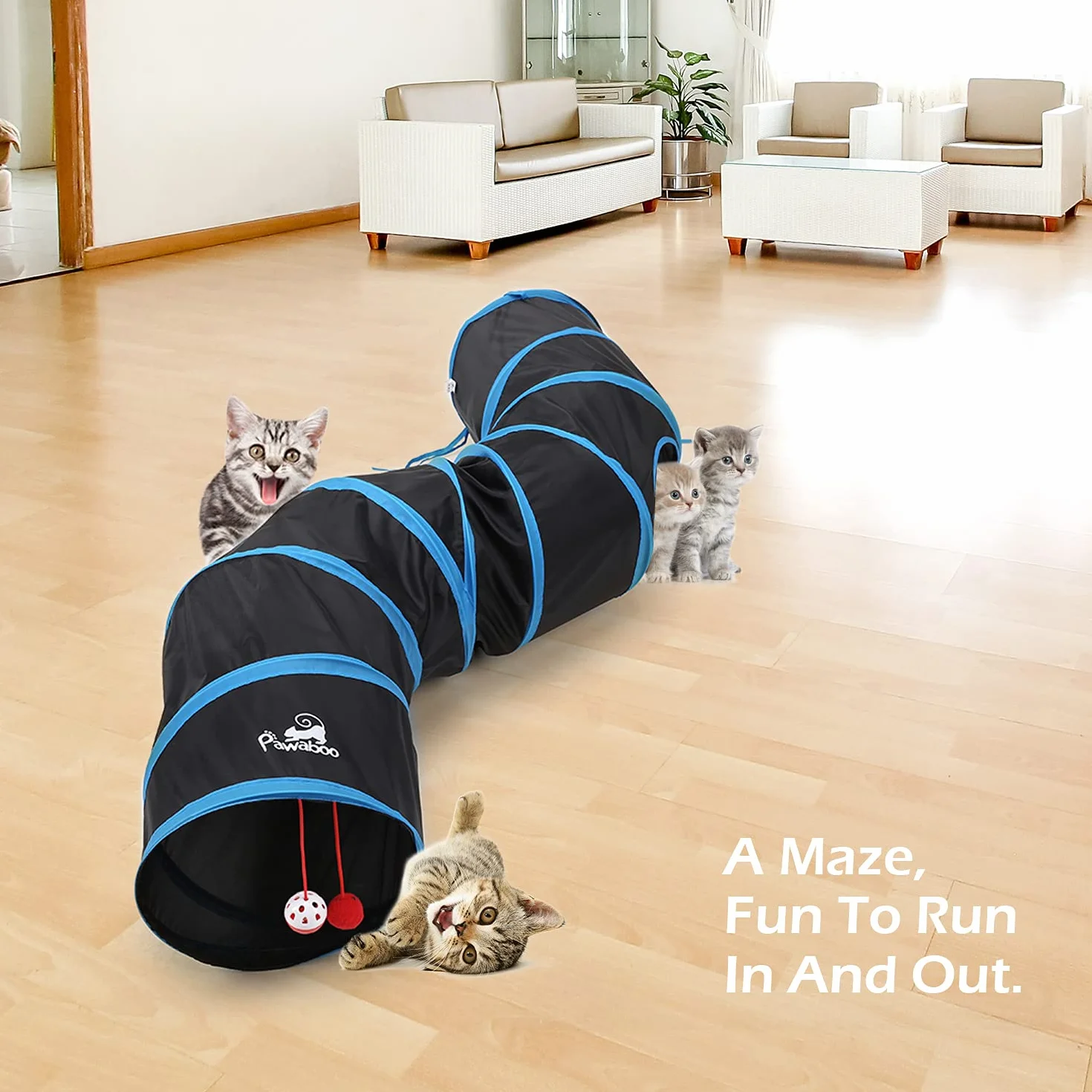 Pawaboo Tunnel Pliable en Forme de S, Jouet Interactif Tube avec Pompon et Cloches pour Chat Chiot Lapin - Noir
