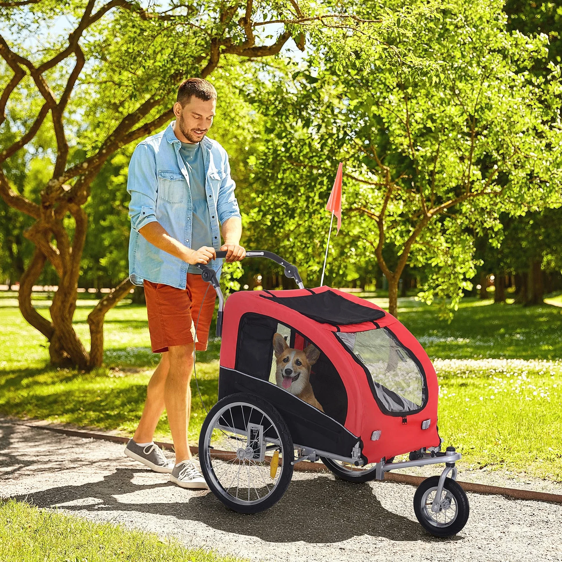 HOMCOM Remorque vélo Jogger 2 en 1 pour Animaux, Roue Avant pivotante, Réflecteurs, Barre d'attelage, Rouge Noir