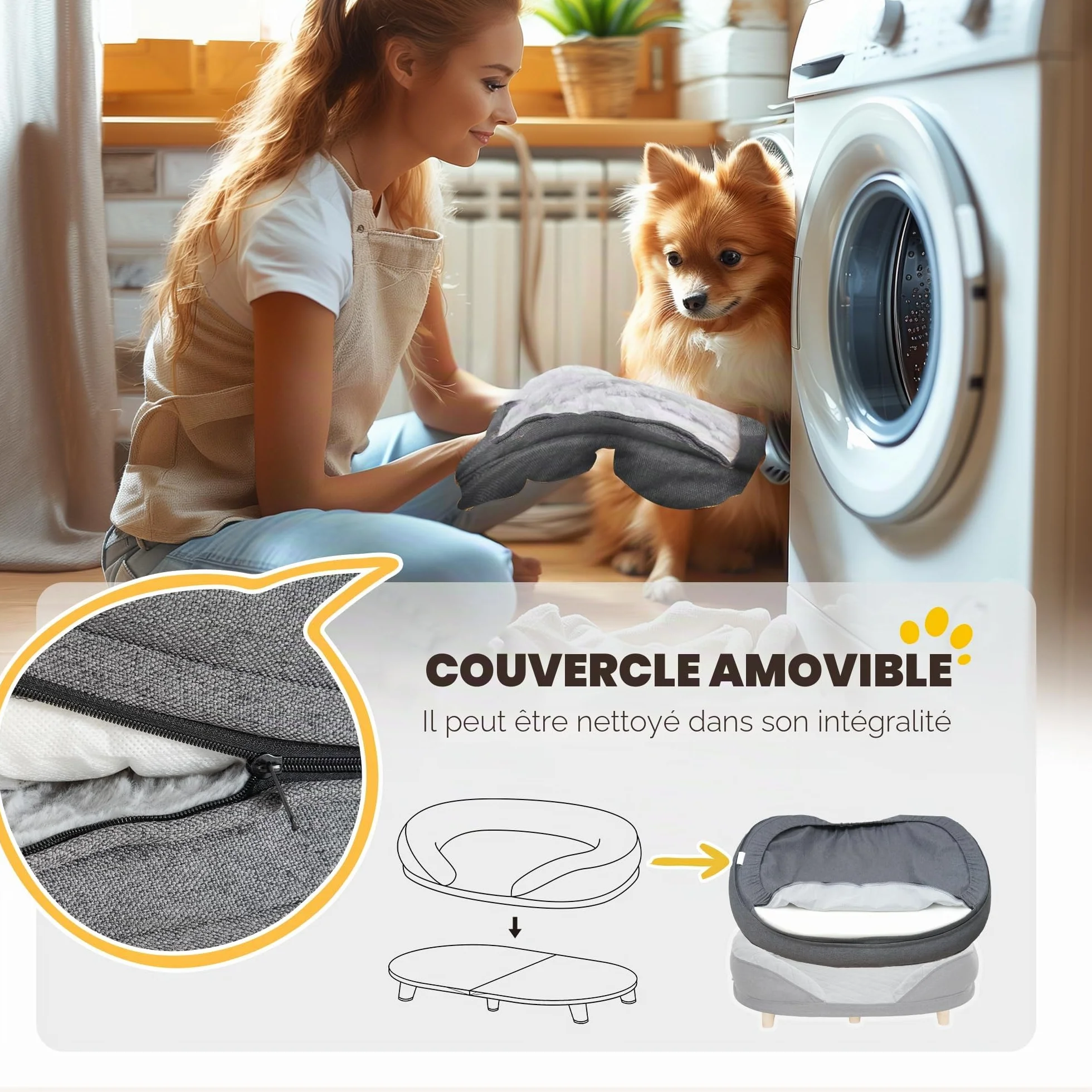 PawHut Canapé pour Chien Housse Lavable Dossier Pieds en Bois Gris 25 kg