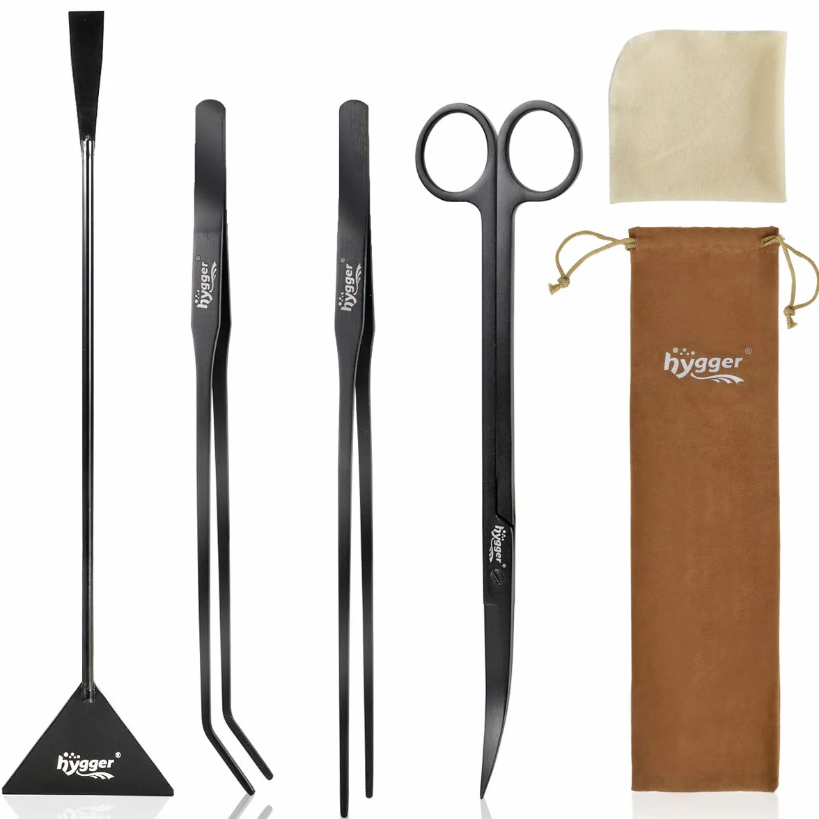 hygger Kit d'Aquarium en Acier Inoxydable, 4pces Pincettes Ciseaux Spatule avec Chiffon Nettoyage