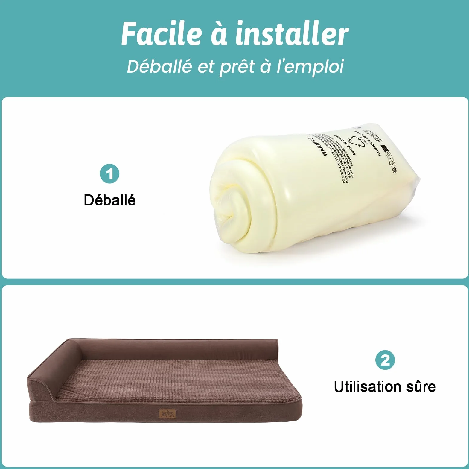 COZY KISS Canapé Chien Orthopedique Dehoussable Grande Taille L 107cm
