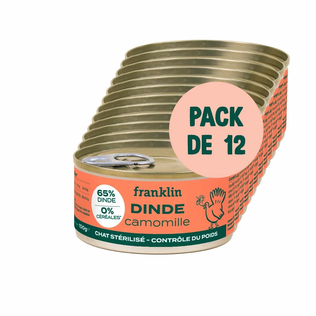 FRANKLIN Pâtées pour Chat sans Céréales 66% Viande Dinde Camomille Nourriture Humide Boite 12x100g