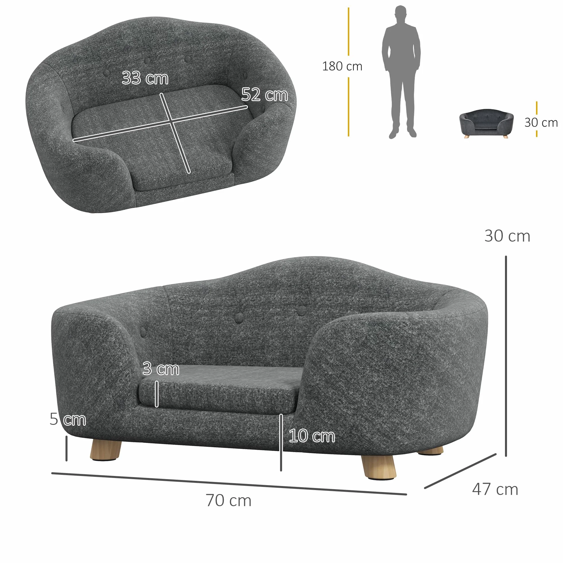 PawHut Canapé Lit Panier Chien Chat Pieds Bois Massif 70x47x30 cm Gris Anthracite