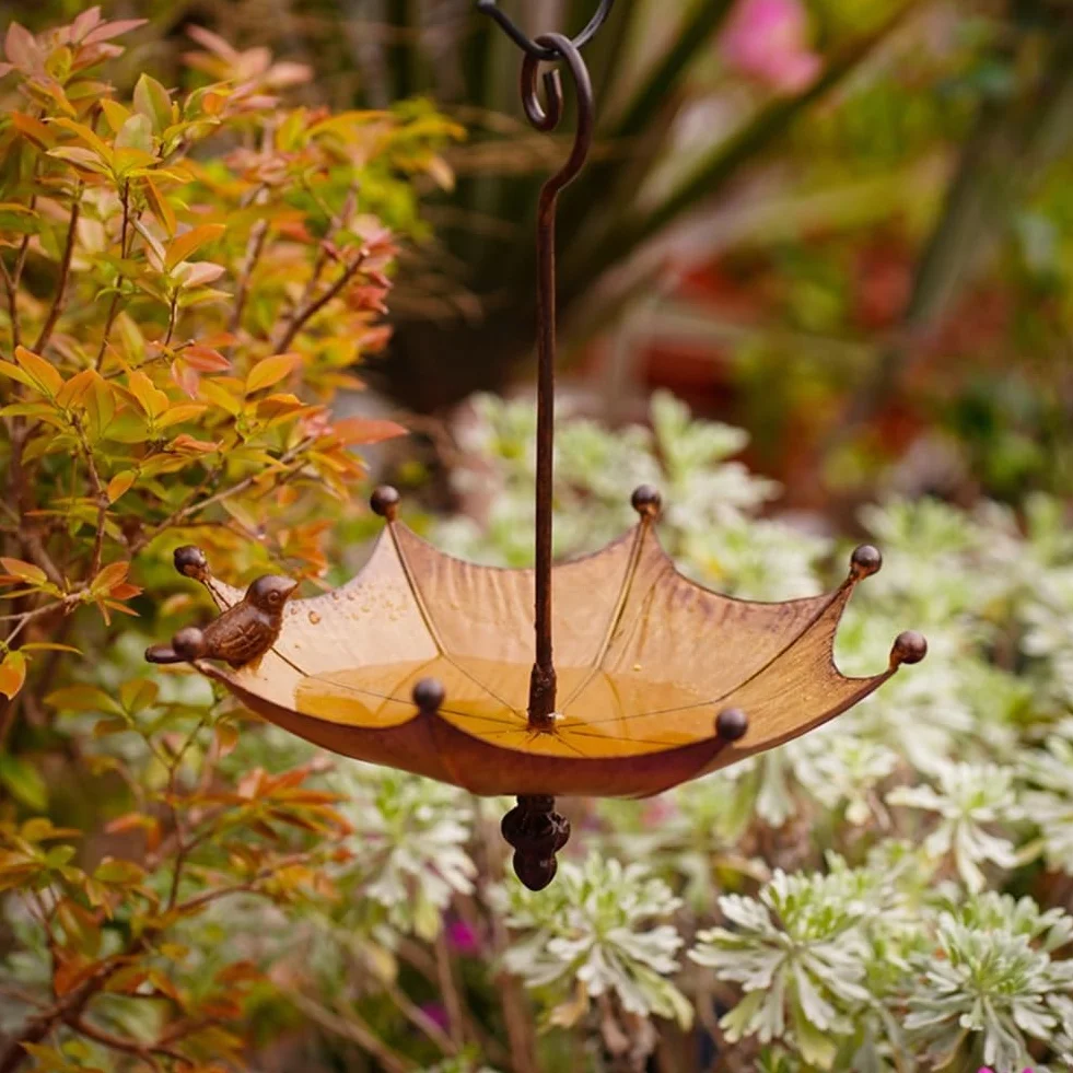 Mangeoire à Oiseaux en Métal Suspendue Parapluie pour Extérieur