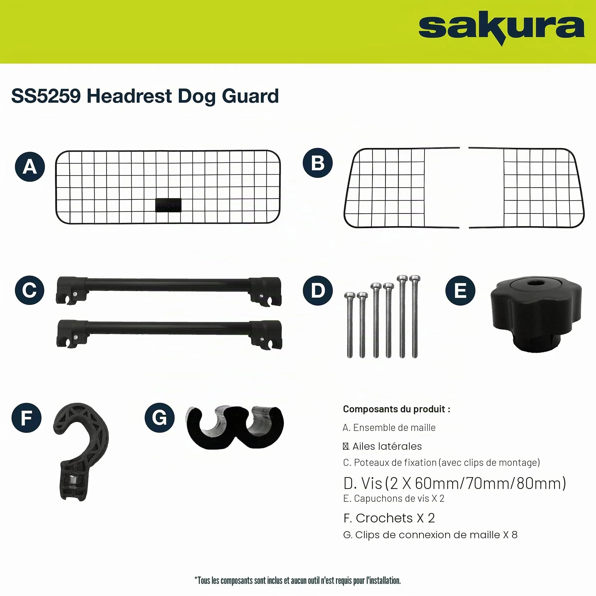 Sakura SS5259 Barrière de Sécurité d’Appuie-Tête de Voiture pour Chiens - Facile à Installer Sur la Plupart des Voitures Berlines, SUV, Voitures Familiales, Monospaces – Largeur Réglable Sans Outils