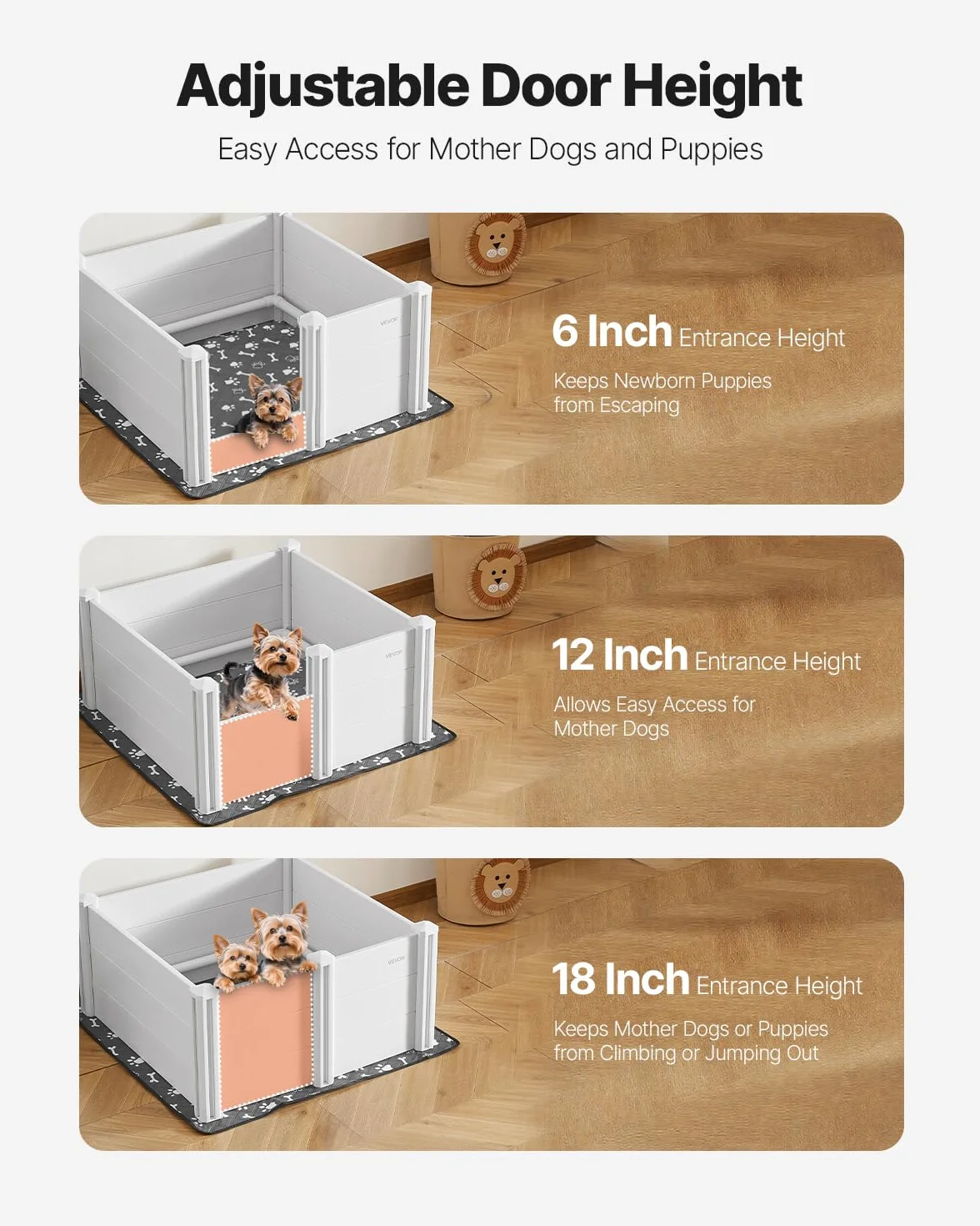 VEVOR Parc de Mise Bas pour Chien 98x98x46 cm Caisse de Mise Bas pour Chiots Porte Hauteur Réglable Tapis d'Urine Lavable Boite de Naissance en Plastique PVC