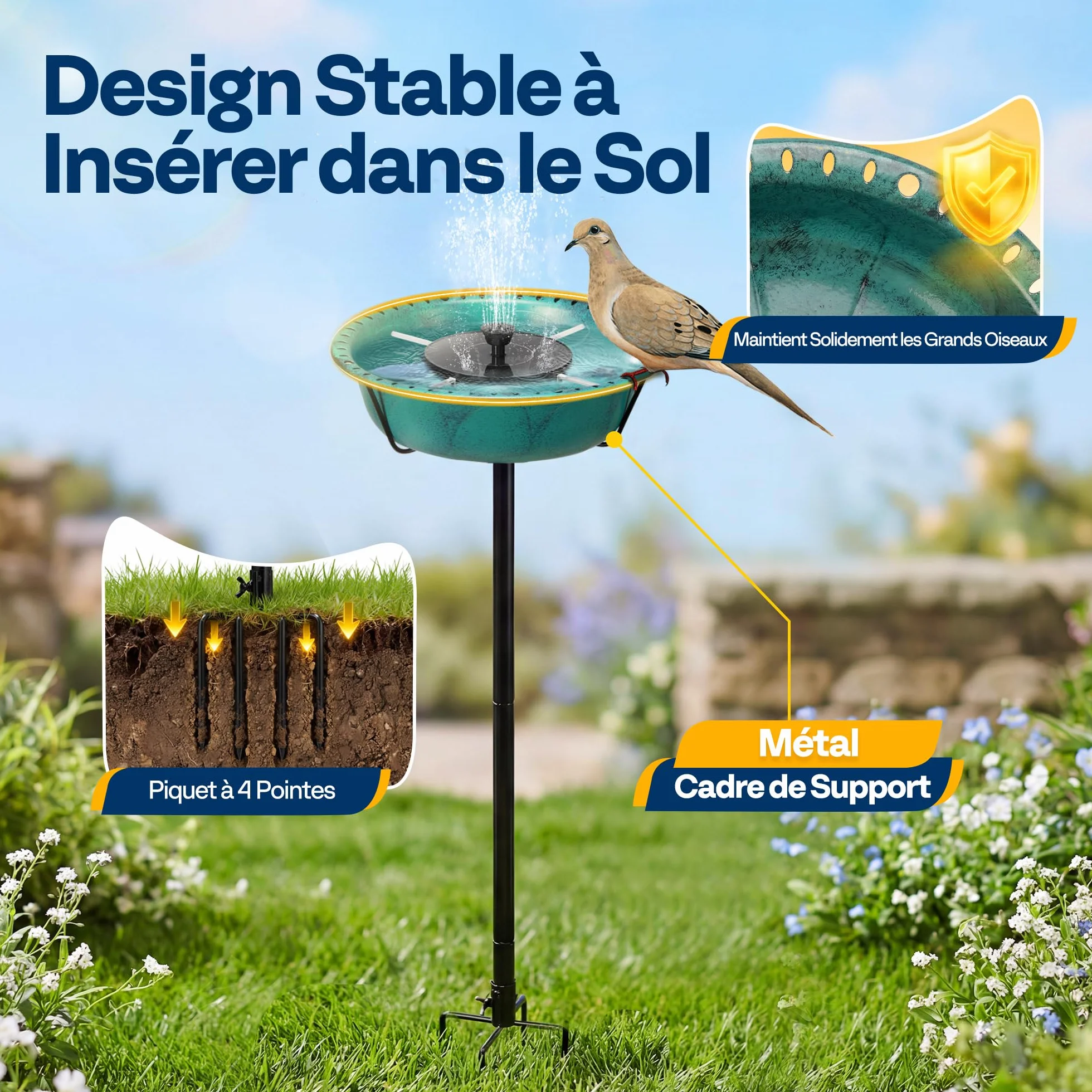 VIVOHOME Fontaine Solaire pour Bain d'oiseaux en Polyresine 74cm Mangeoire Extérieure sur Pied avec Tige en Métal