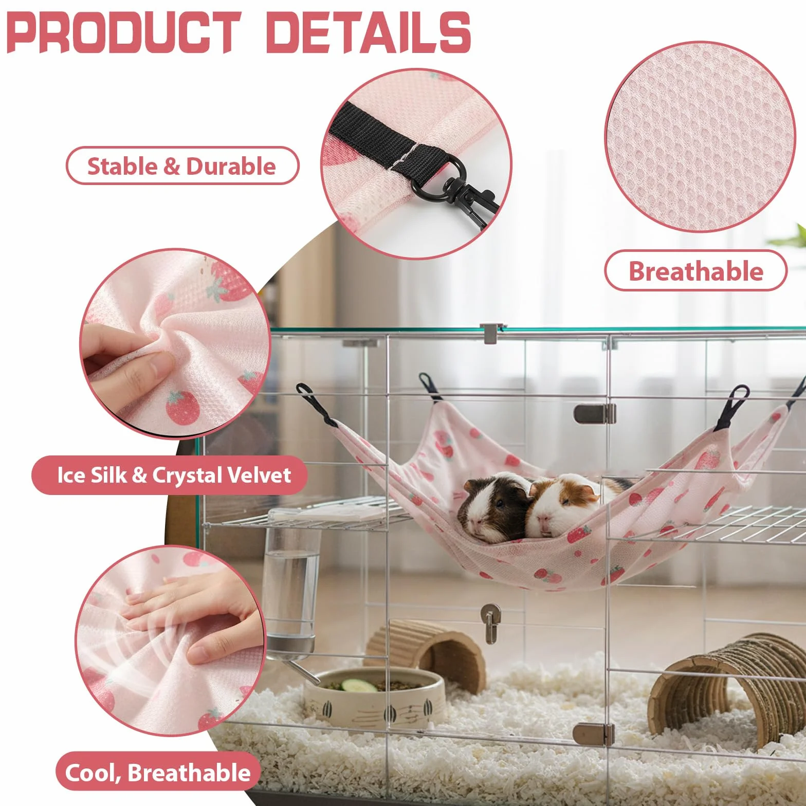Hamac Cochon d’Inde Soie glacée 34 x 34 cm Hamac Rongeur Ajustable Cage Furet hamac Rongeur Ajustable Double Face Cage cabane balançoire fraîche été pour Lapin Hamster Chinchilla