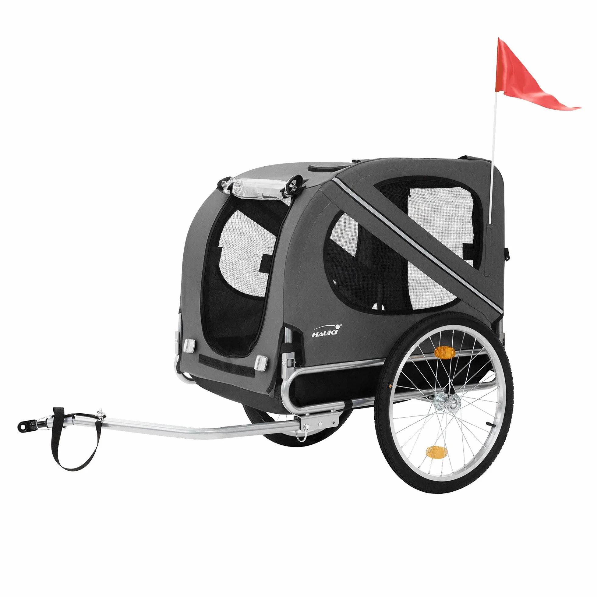 Hauki Remorque 2in1 de Vélo et Poussette de Chien, Pliable, Gris, en Acier/Tissu Oxford, 130x72x90 cm, Chariot avec Réflecteurs Laisse et Drapeau, Charge Max. 40 kg, Transport d'animaux de Compagnie